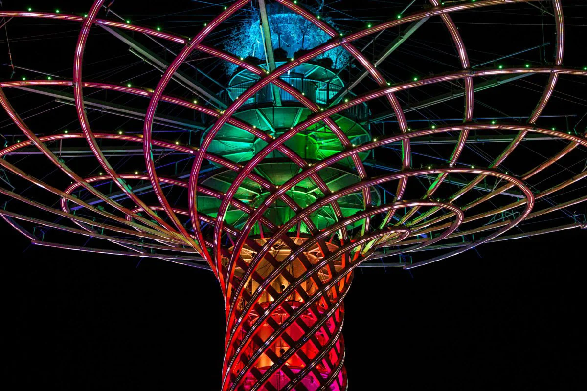 Vista dal basso della chioma illuminata dell'Albero della Vita, con costole luminose rosse, verdi e blu – Albero della Vita all'Expo 2015, Milano, Italia – progettazione di installazioni
