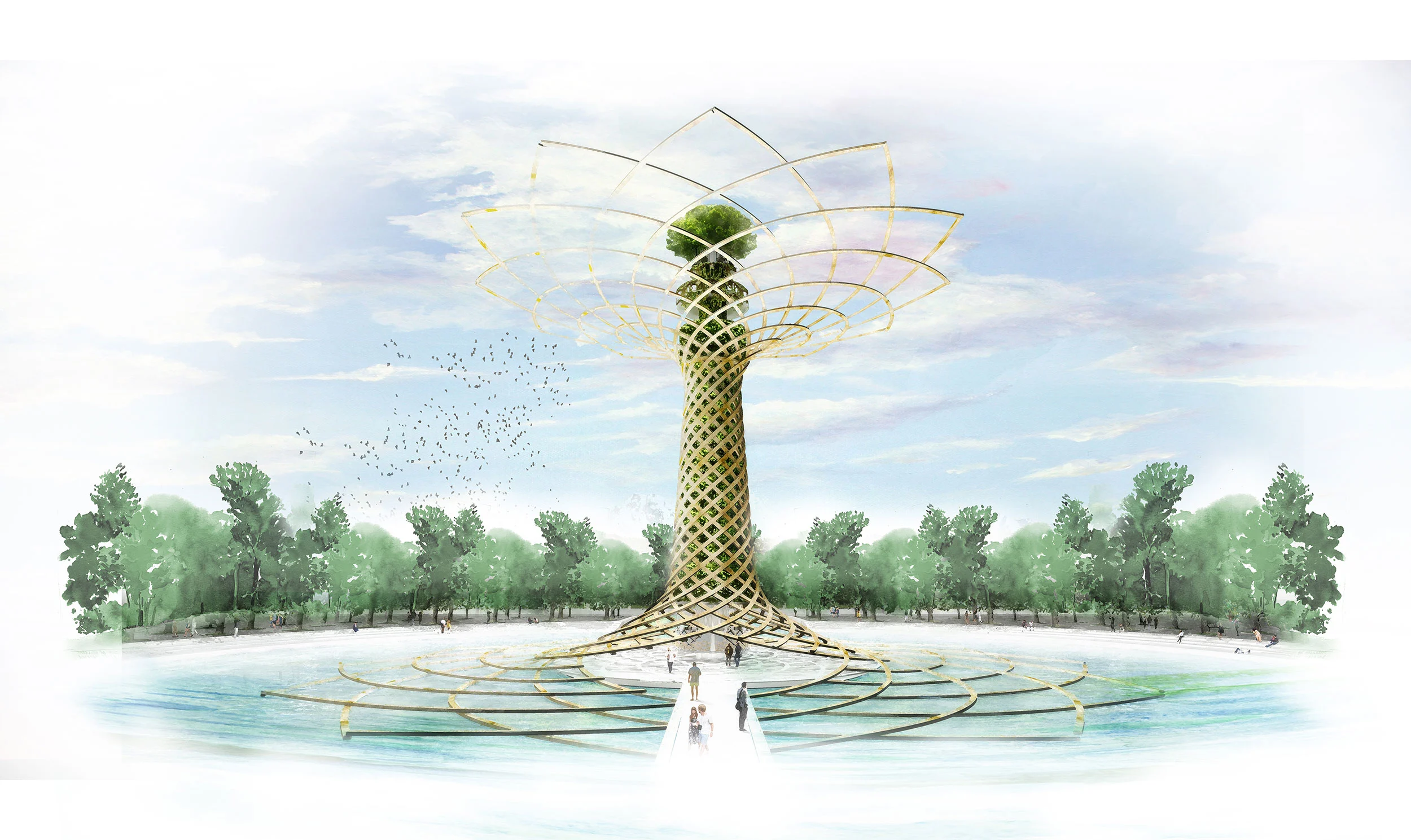 Schizzo dell'Albero della Vita: tronco intrecciato e chioma aperta che sorgono da una vasca circolare tra gli alberi – Albero della Vita all'Expo 2015, Milano, Italia – progettazione di installazioni