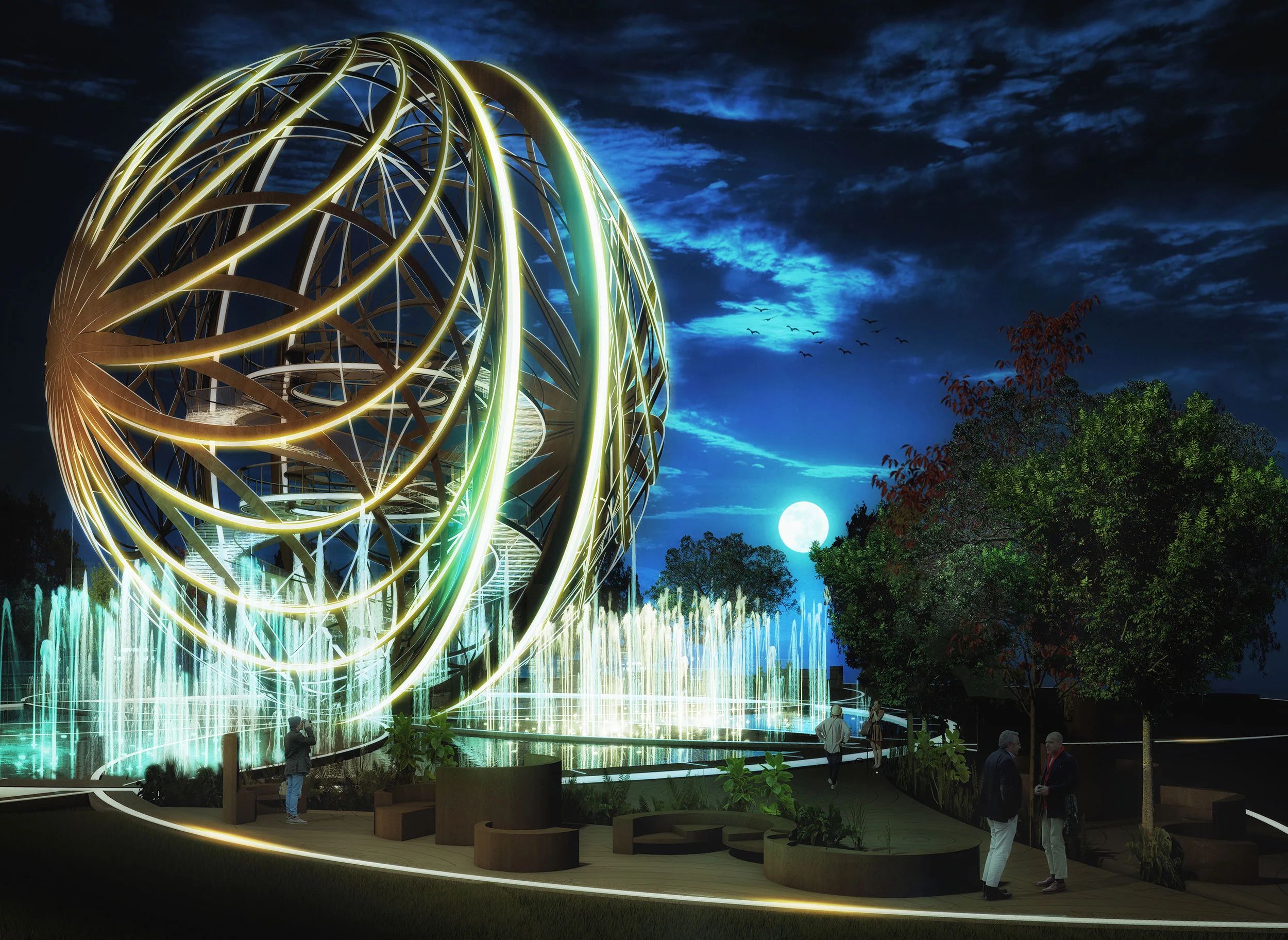 Render notturno della Leosphere con costoloni illuminati d'oro, luna piena e alberi accanto alle fontane illuminate – Leosphere, Chicago, Stati Uniti, 2022 – architettura, concept