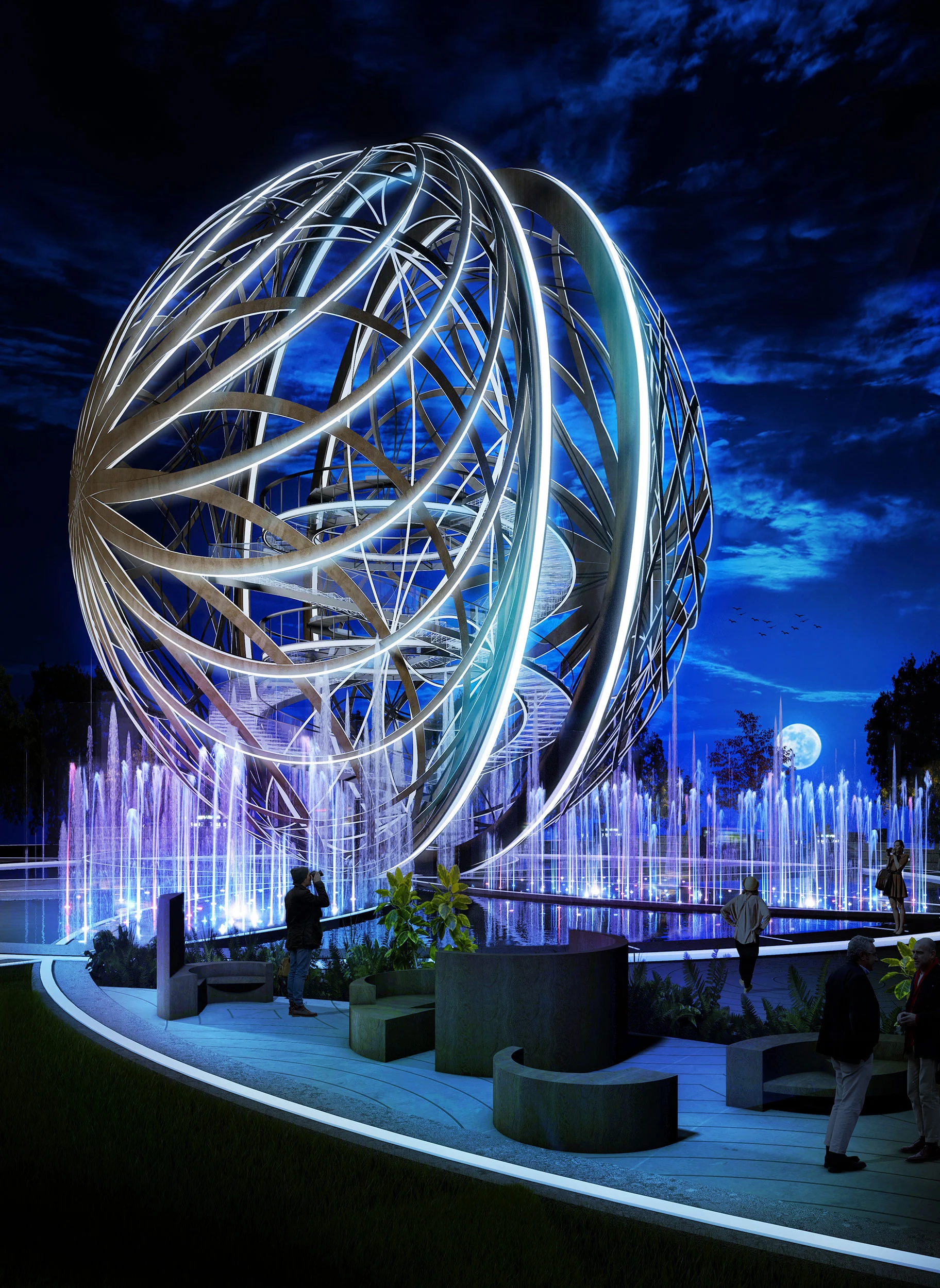 Render notturno della Leosphere: una sfera aperta luminosa di costoloni curvi sopra le fontane, visitatori su un sentiero – Leosphere, Chicago, Stati Uniti, 2022 – architettura, concept