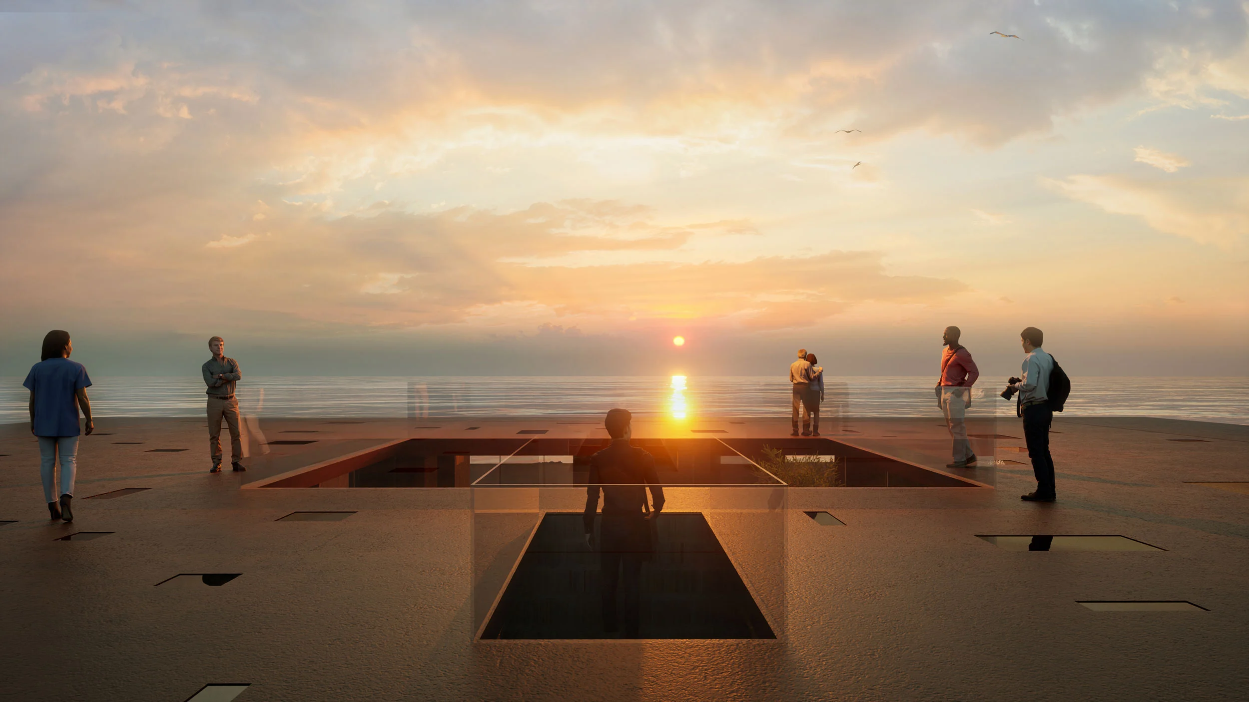 Render della copertura del centro visitatori al tramonto sul mare, con aperture bordate di vetro e visitatori – Centro visitatori Oman, Oman, 2022 – architettura
