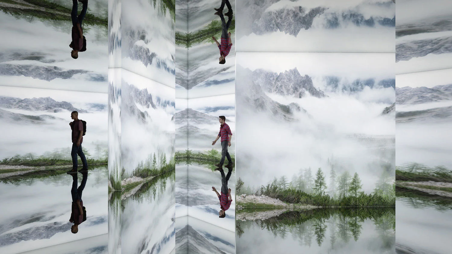 Installazione a specchi che riflette paesaggi montani nella nebbia e visitatori in una vista caleidoscopica infinita – Lumen Museo della fotografia di montagna, Plan de Corones, Italia, 2018 – architettura