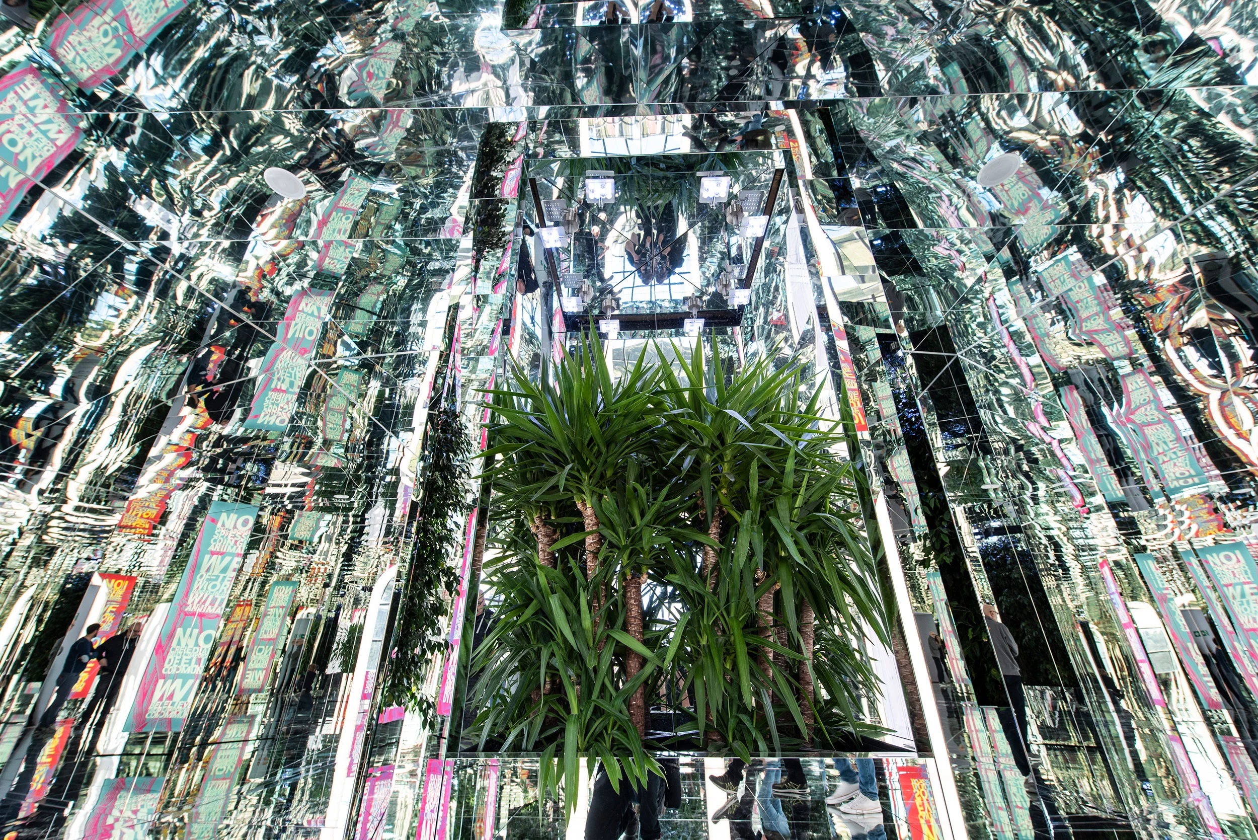 Installazione a specchio che riflette all'infinito in ogni direzione un'alta palma e le grafiche della mostra – La Nazione delle Piante alla Triennale, Milano, Italia, 2019 – allestimento espositivo