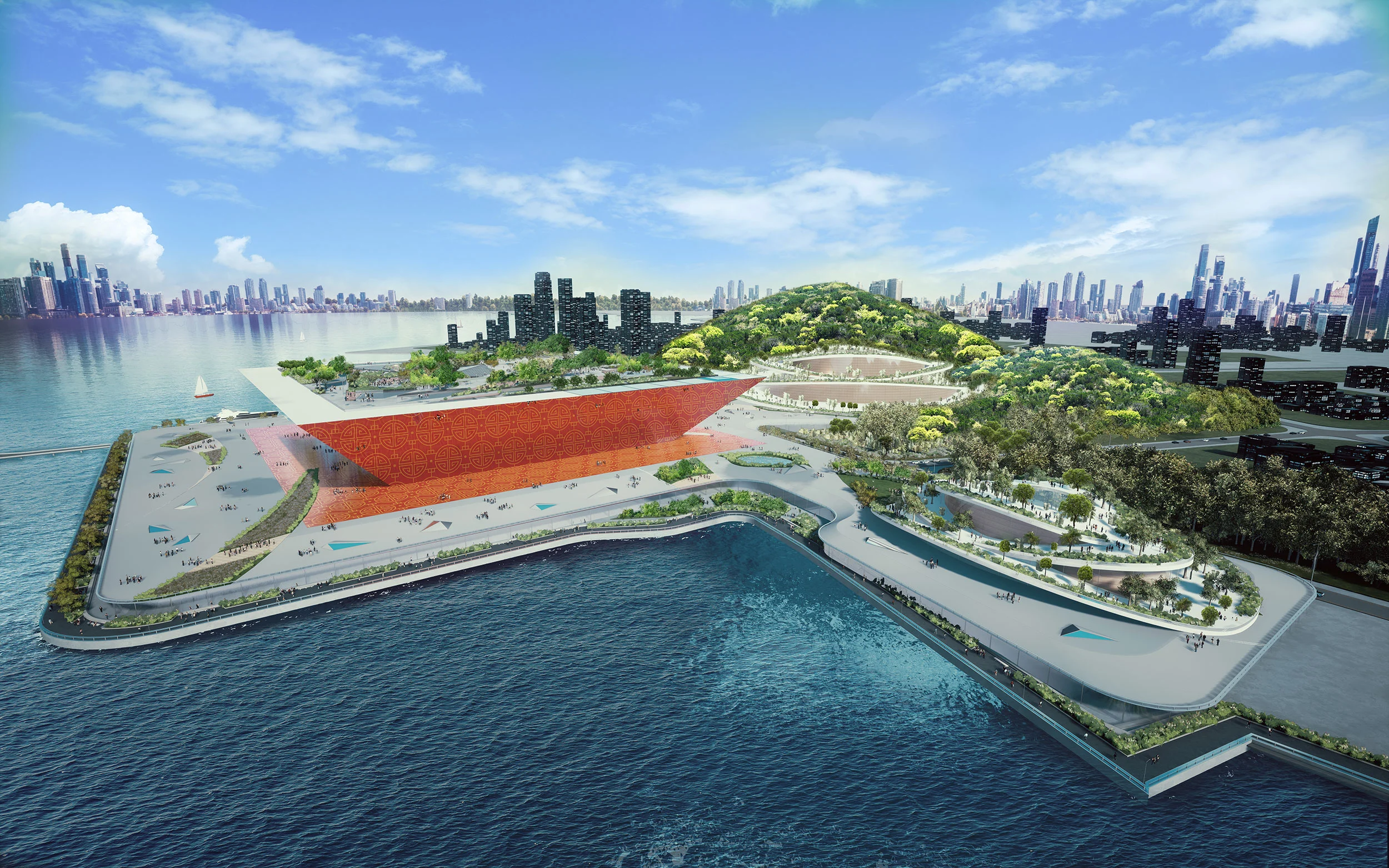 Render aereo del teatro dell'opera su una penisola affacciata sull'acqua: un volume rosso sfaccettato accanto a una collina verde e allo skyline – Teatro dell'Opera di Shenzhen, Cina, 2022 – architettura, proposta