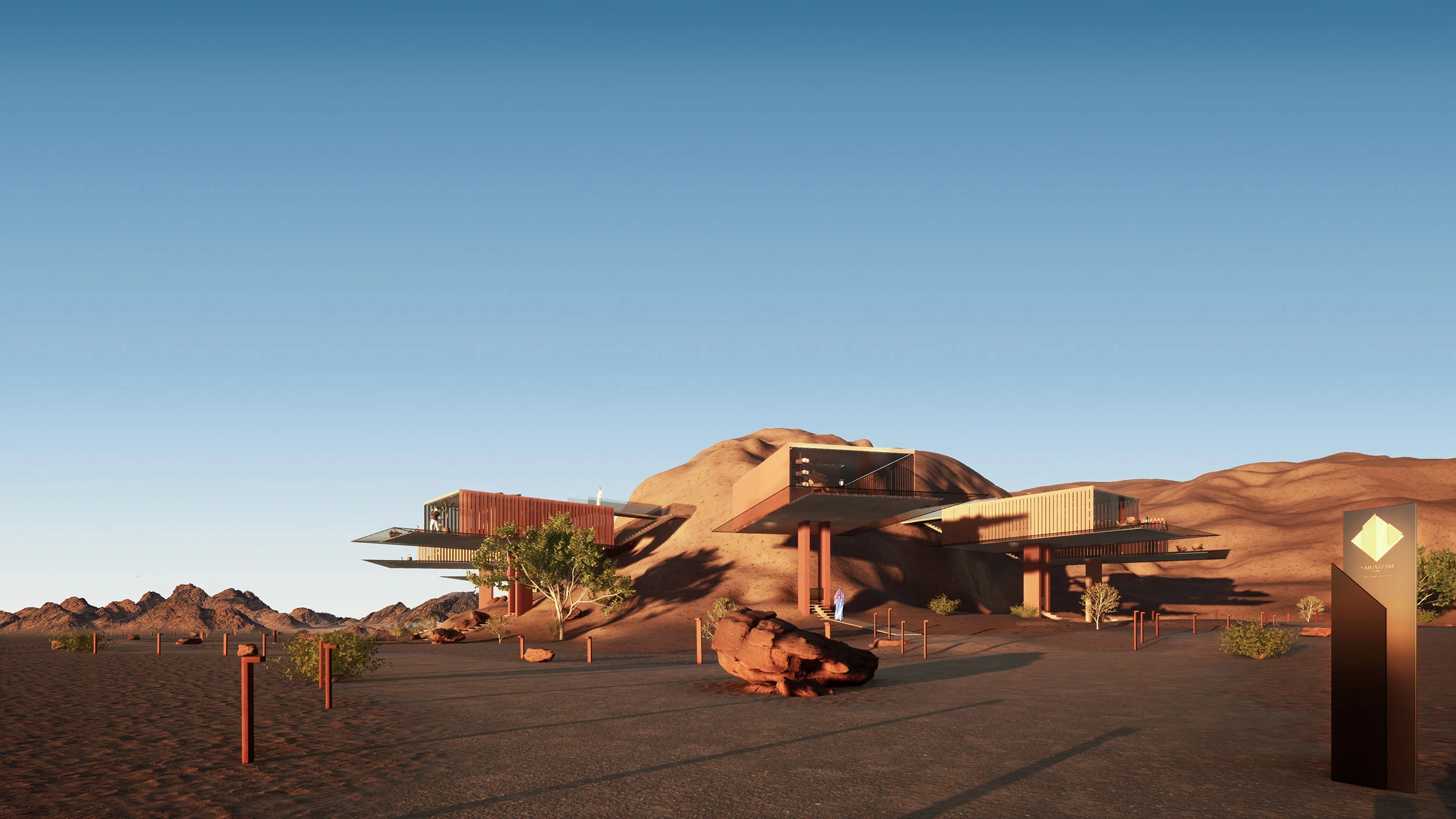 Render dell'hotel inserito in uno sperone di roccia nel deserto, con terrazze a sbalzo e segnapasso illuminati – Al Muazzam Fort Hotel, regione di Tabuk, Arabia Saudita, 2022 – architettura, proposta