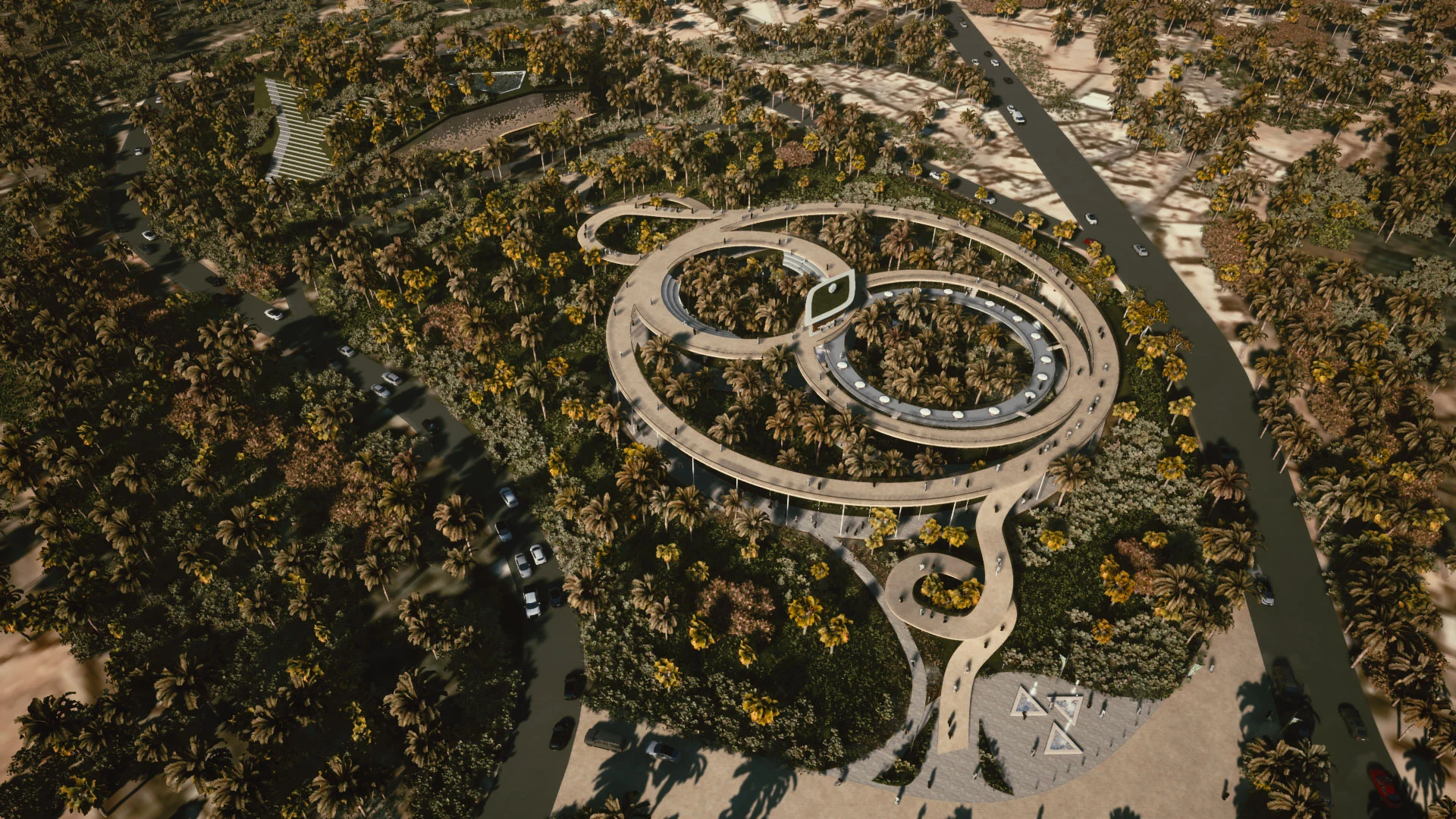 Render aereo di passerelle sopraelevate ad anello che si snodano in un fitto palmeto accanto a una strada – Experience District, Diriyah, Arabia Saudita, 2022 – architettura, proposta
