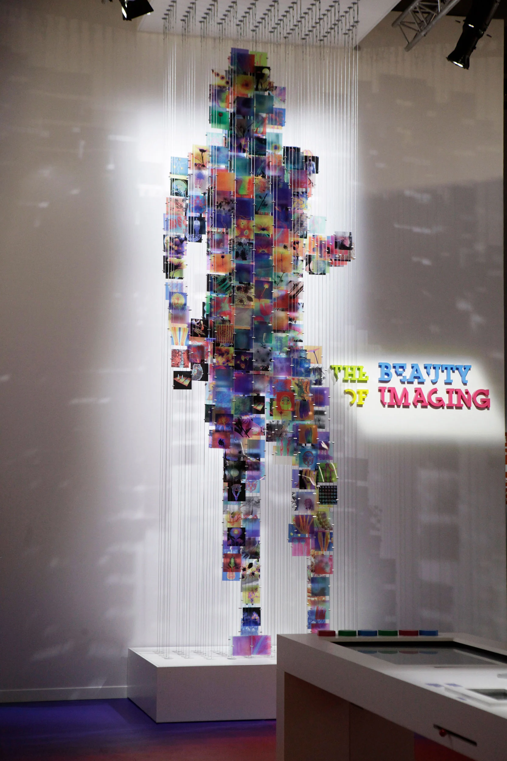 Alta sagoma umana fatta di immagini mediche colorate sospese, accanto al titolo The Beauty of Imaging – Bracco The Beauty of Imaging, Milano, Italia, 2017 – allestimento espositivo
