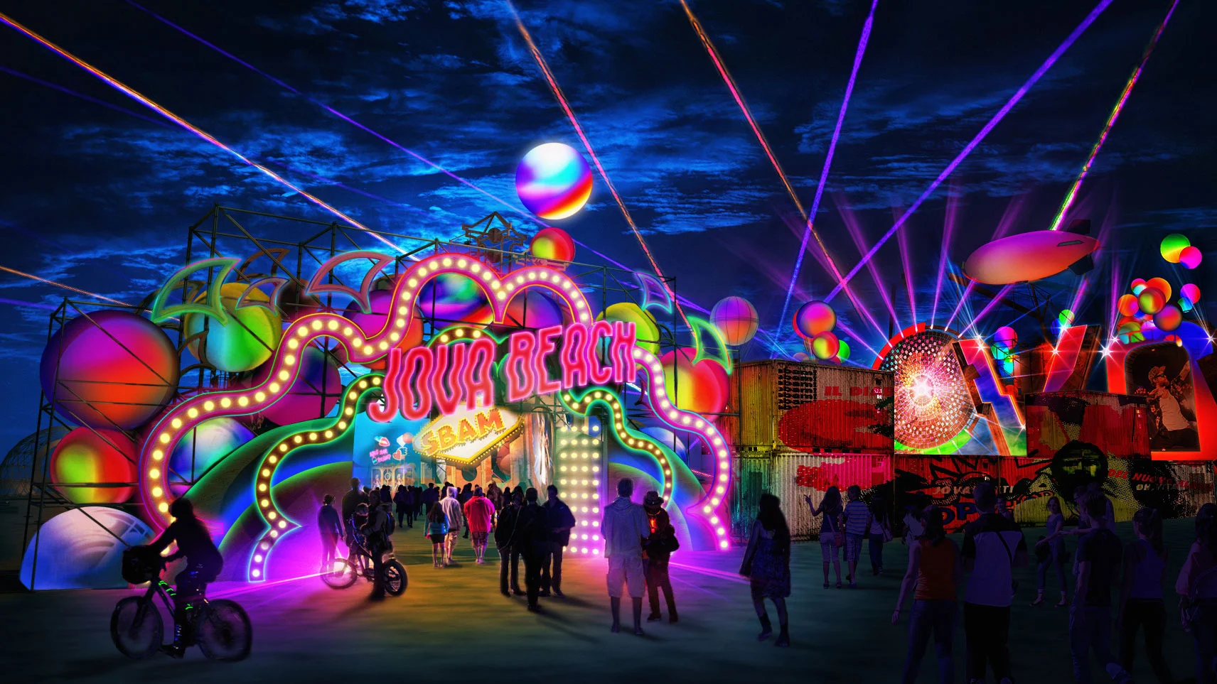 Render dell'arco d'ingresso illuminato del Jova Beach di notte, con forme al neon, laser e sfere sospese – Jova Beach Party 2019, Italia – scenografia per concerti