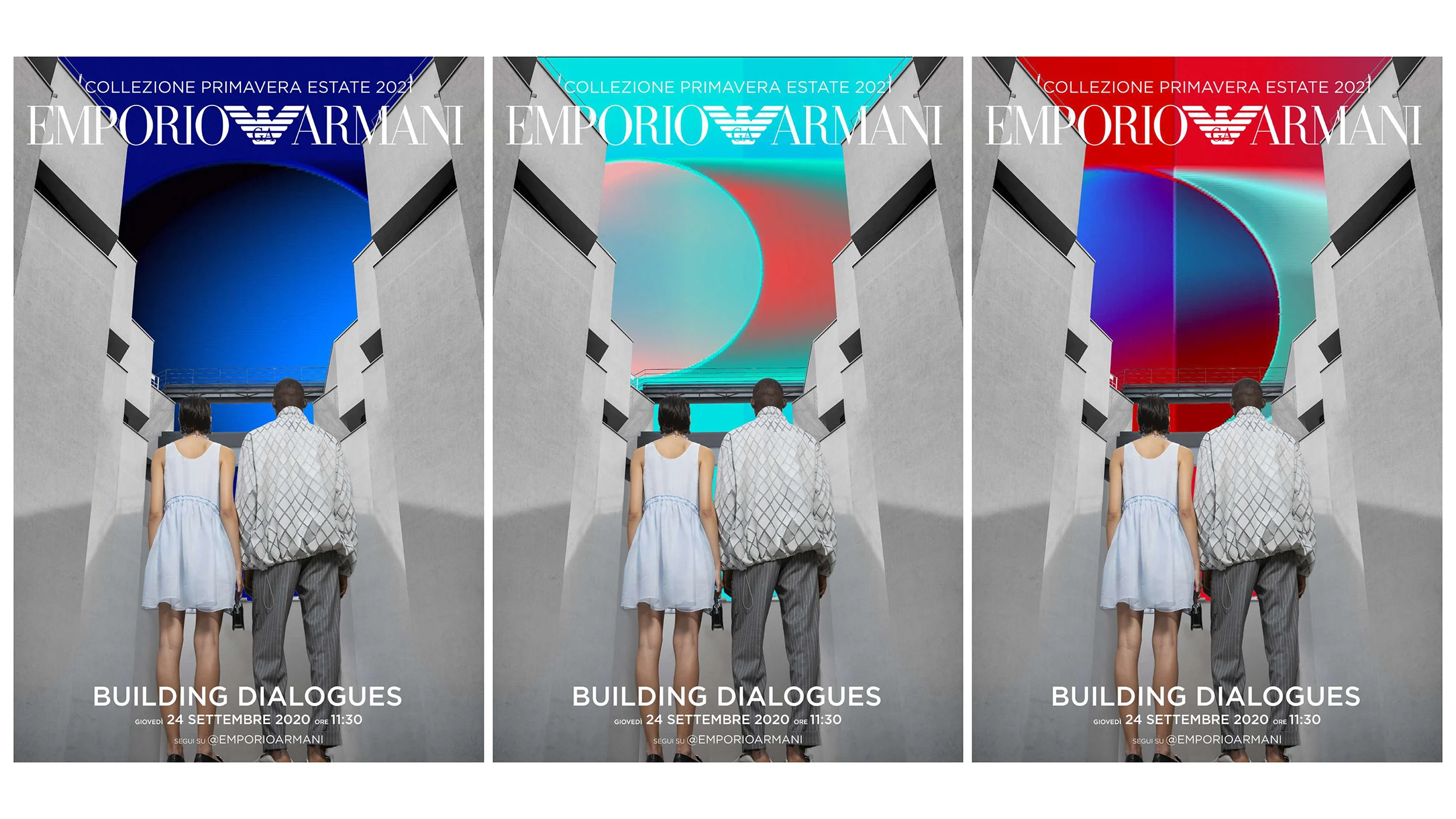 Tre poster Building Dialogues: una coppia tra edifici bianchi sotto un cerchio in blu, ciano e rosso – Giorgio Armani Building Dialogues Fashion Film, 2020 – direzione artistica