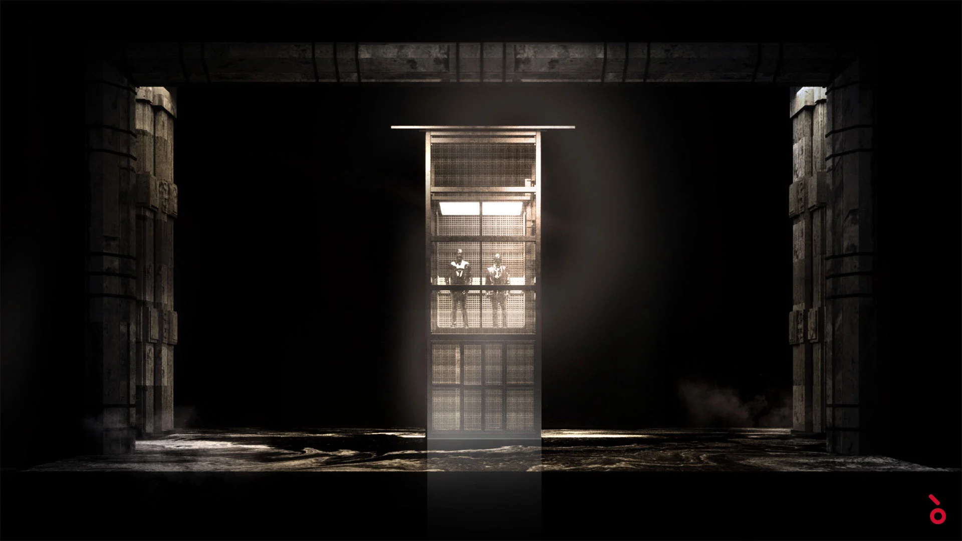 Render di una cabina d'ascensore illuminata con due figure, isolata tra pilastri scuri in cemento – Macbeth al Teatro alla Scala, Milano, Italia, 2021 – scenografia d'opera
