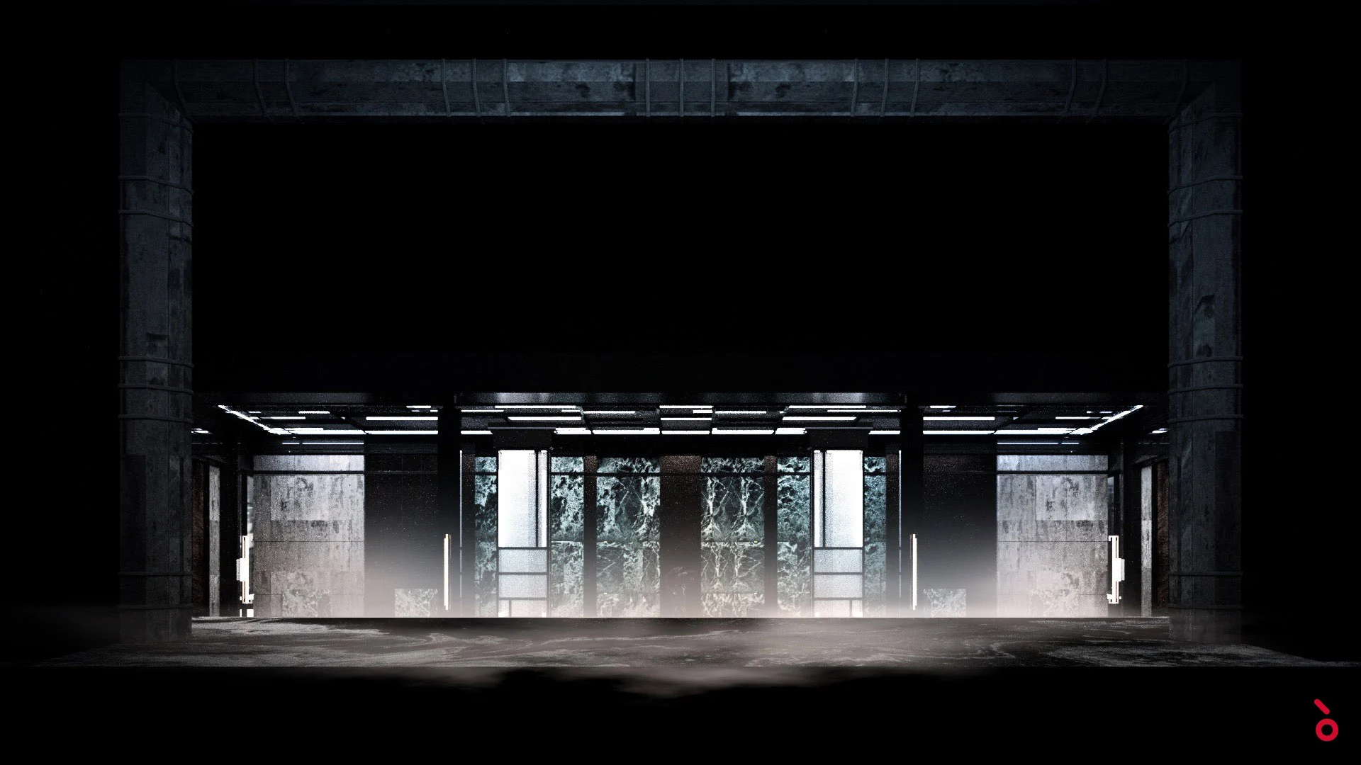 Render di una sala buia in cemento con pannelli di marmo retroilluminati e nebbia sul pavimento – Macbeth al Teatro alla Scala, Milano, Italia, 2021 – scenografia d'opera