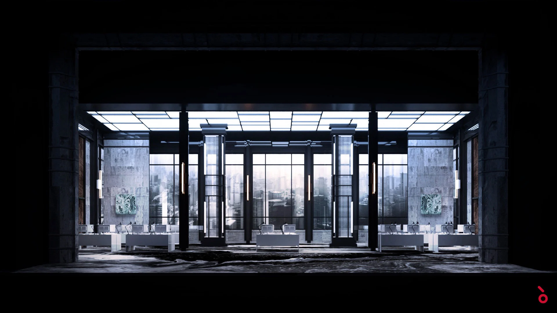 Render di una lobby vetrata con pareti in marmo, arredi bianchi e torri della città oltre le finestre – Macbeth al Teatro alla Scala, Milano, Italia, 2021 – scenografia d'opera