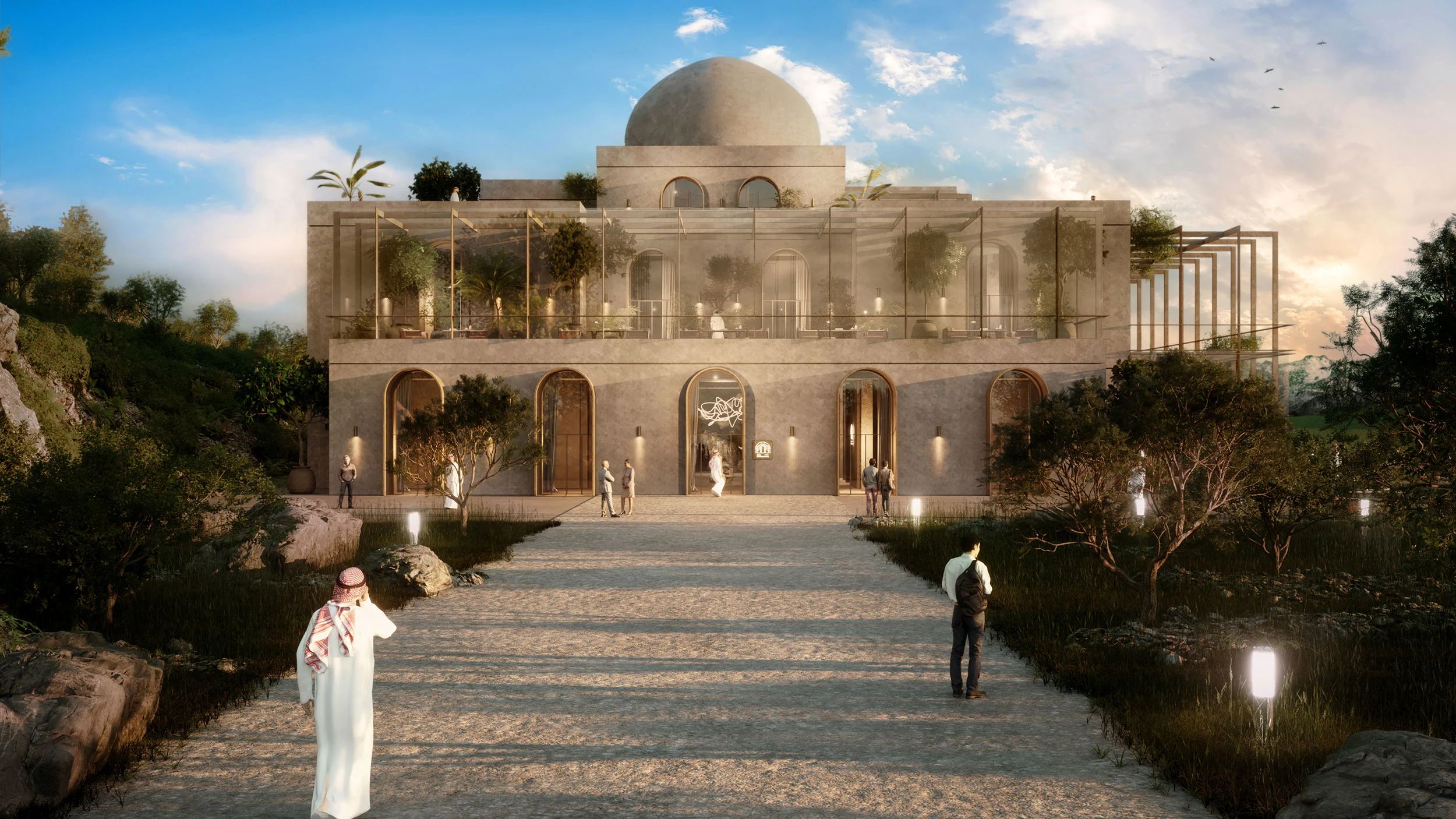 Render della facciata dell'hotel al crepuscolo: edificio in pietra con cupole, ingressi ad arco e terrazza vetrata, raggiunto da un sentiero in ghiaia – Hotel KSA, Arabia Saudita, 2022 – architettura, proposta