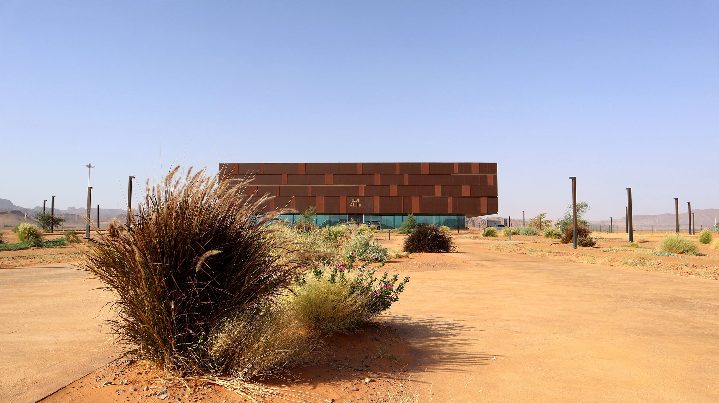 Il terminal visto oltre un ciuffo di erbe del deserto sotto un cielo azzurro limpido – Aeroporto Principe Abdul Majeed bin Abdulaziz, AlUla, Arabia Saudita, 2021 – architettura