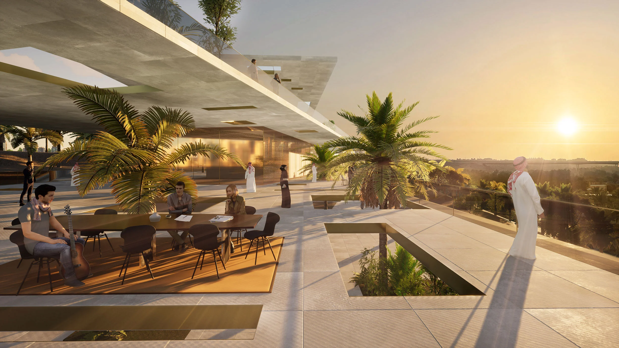 Render di una terrazza ombreggiata sul tetto al tramonto con palme e una lunga tavola sotto la copertura a sbalzo – Riyadh Garden Studios, Arabia Saudita, 2022 – architettura, proposta