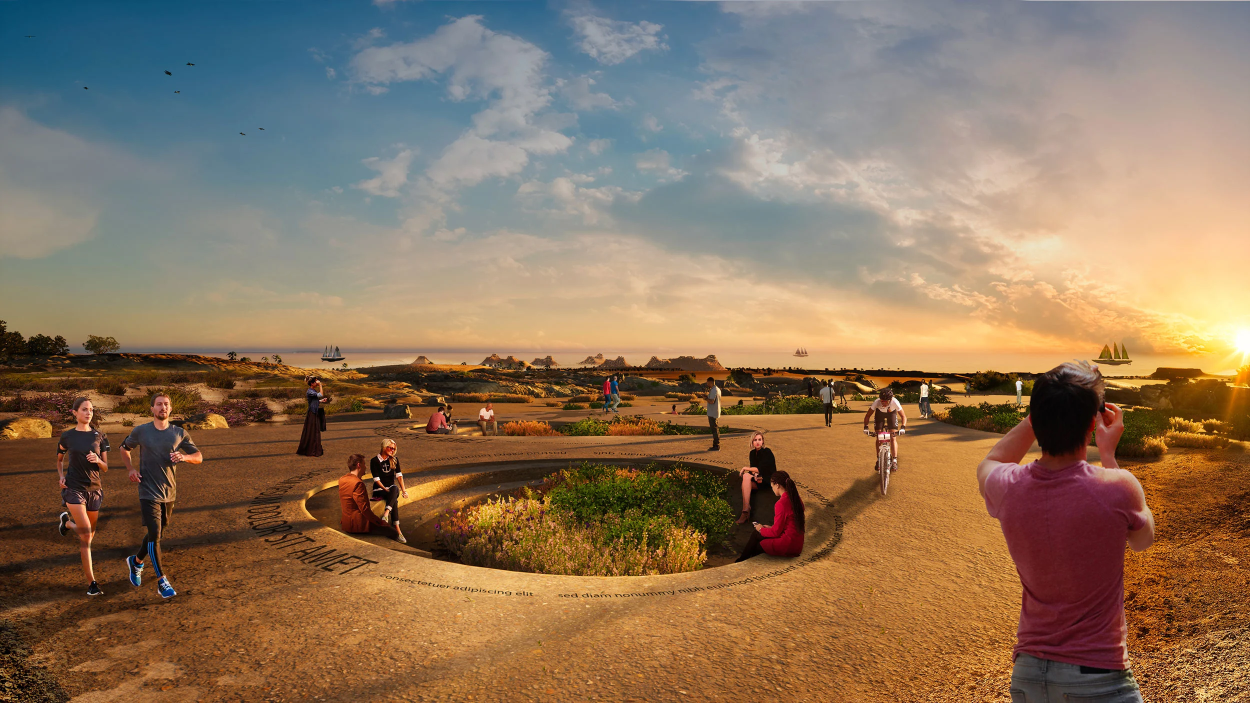 Render di un lungomare al tramonto con un giardino circolare ribassato, persone che corrono e un ciclista – Shushah Island Resort, Arabia Saudita, 2022 – architettura