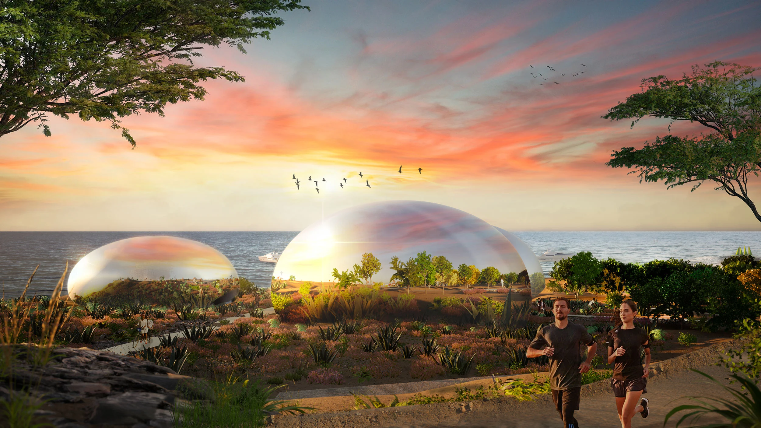 Render di due cupole trasparenti a bolla con giardini sul mare al tramonto, persone che corrono su un sentiero – Shushah Island Resort, Arabia Saudita, 2022 – architettura
