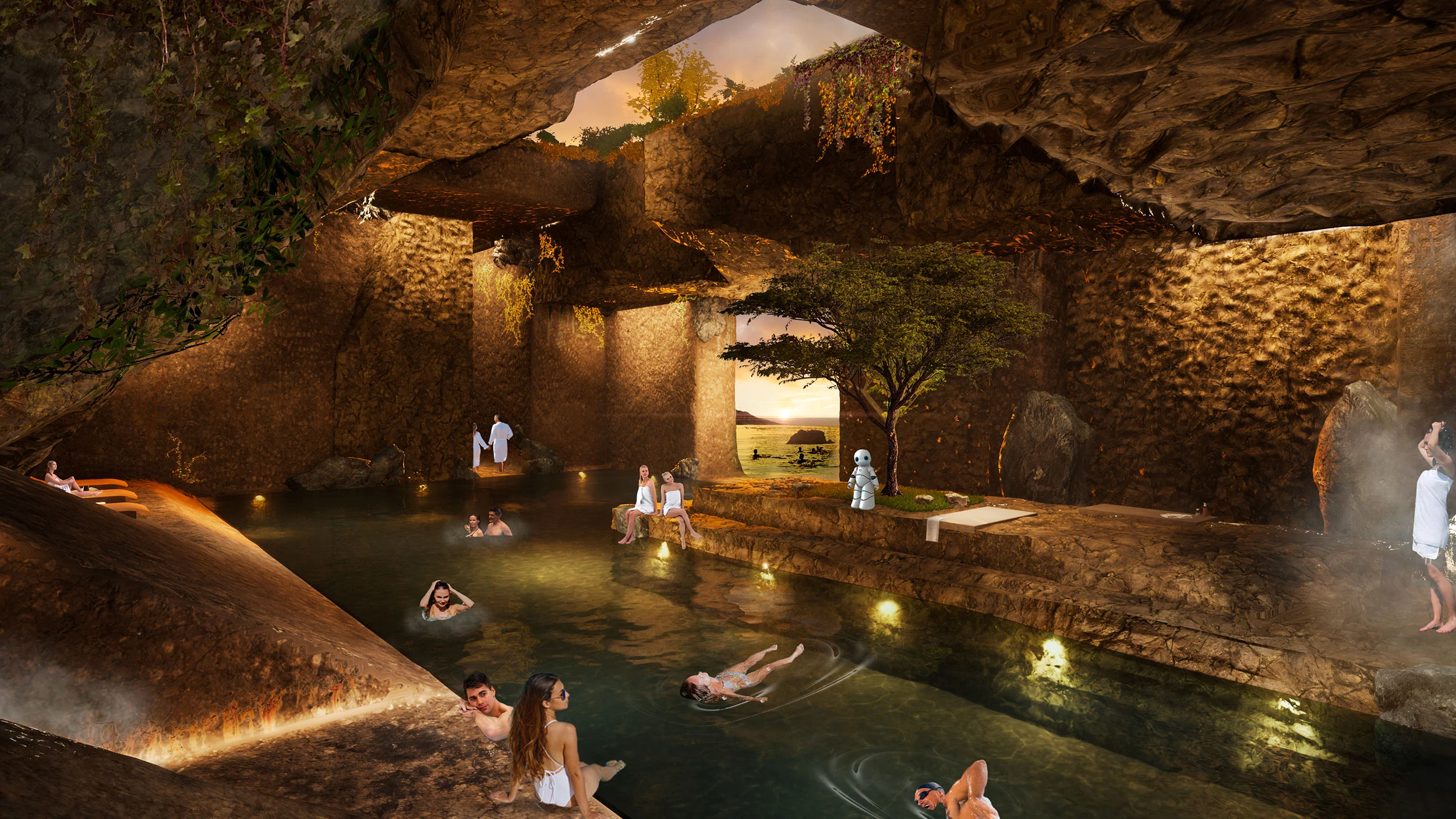 Render di una piscina in grotta con luce calda, persone che fanno il bagno tra pareti di roccia e un albero nell'apertura – Shushah Island Resort, Arabia Saudita, 2022 – architettura