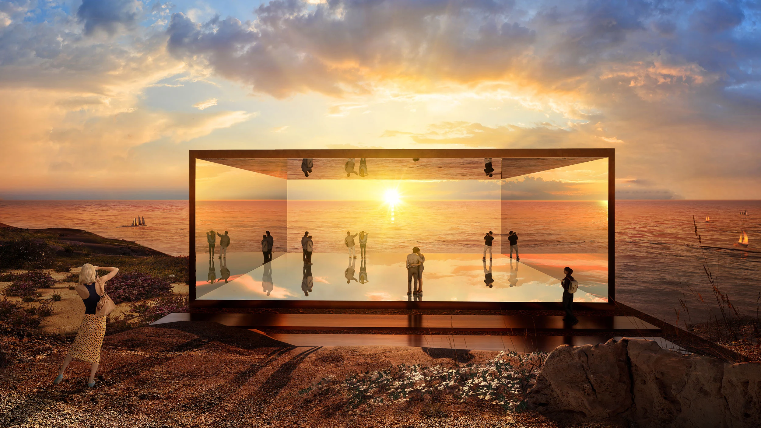 Render di un padiglione in vetro a specchio su una costa rocciosa al tramonto, che riflette il mare, con visitatori all'interno – Shushah Island Resort, Arabia Saudita, 2022 – architettura