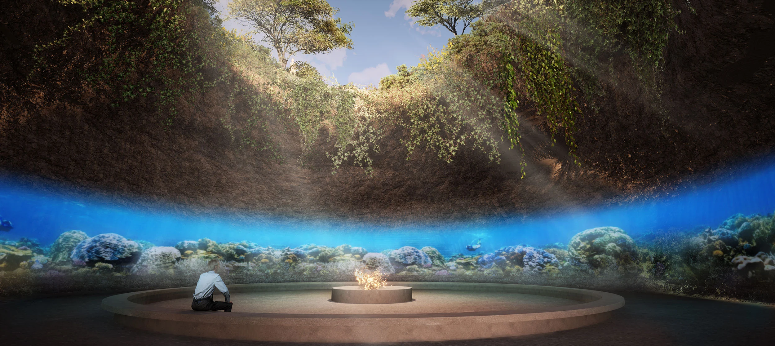 Render di uno spazio circolare interrato con un braciere, una fascia di acquario con barriera corallina e vegetazione sopra – Shushah Island Resort, Arabia Saudita, 2022 – architettura