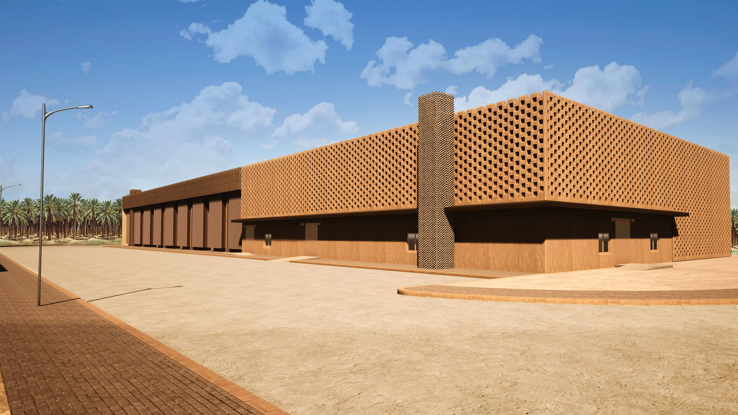 Render di un edificio basso avvolto da uno schermo in mattoni forati, con un'alta ciminiera in mattoni e palme dietro – Progetto di elettrificazione Ashar, 2022 – architettura