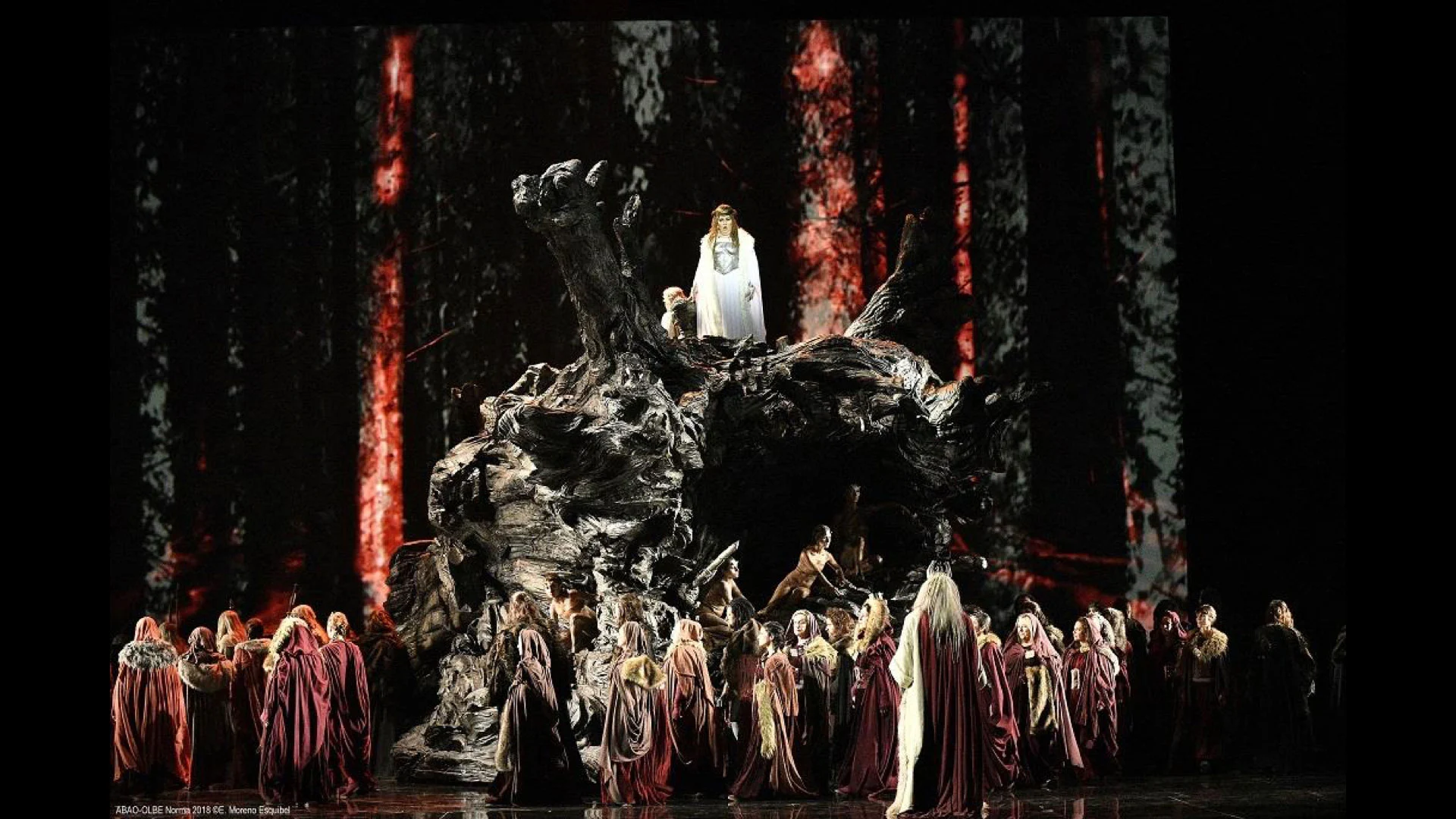 Norma al Teatro Real: una sacerdotessa in bianco in cima a un gigantesco tronco nodoso, il coro sotto in tuniche rosse – Norma al Teatro Real, Madrid, Spagna, 2016 – scenografia d'opera