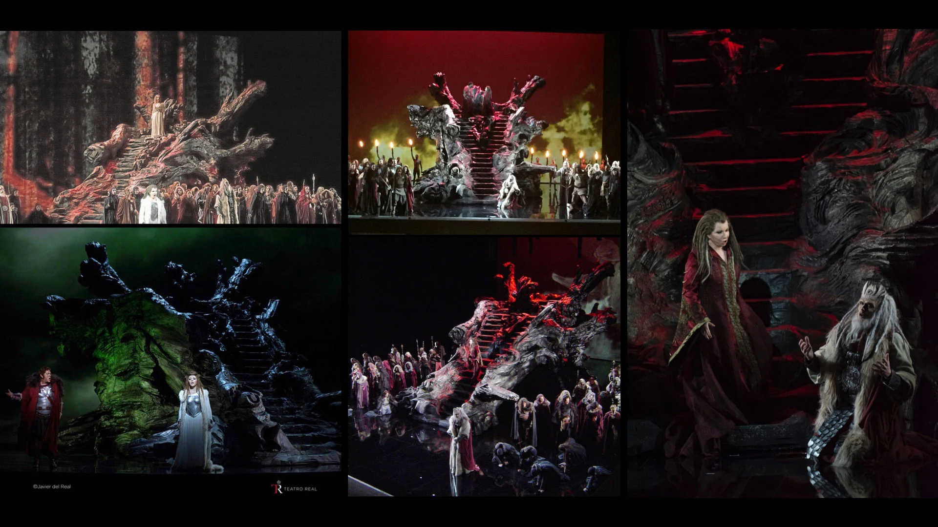 Collage di cinque scene di Norma con la scenografia a radice d'albero in luce rossa, verde e in penombra – Norma al Teatro Real, Madrid, Spagna, 2016 – scenografia d'opera