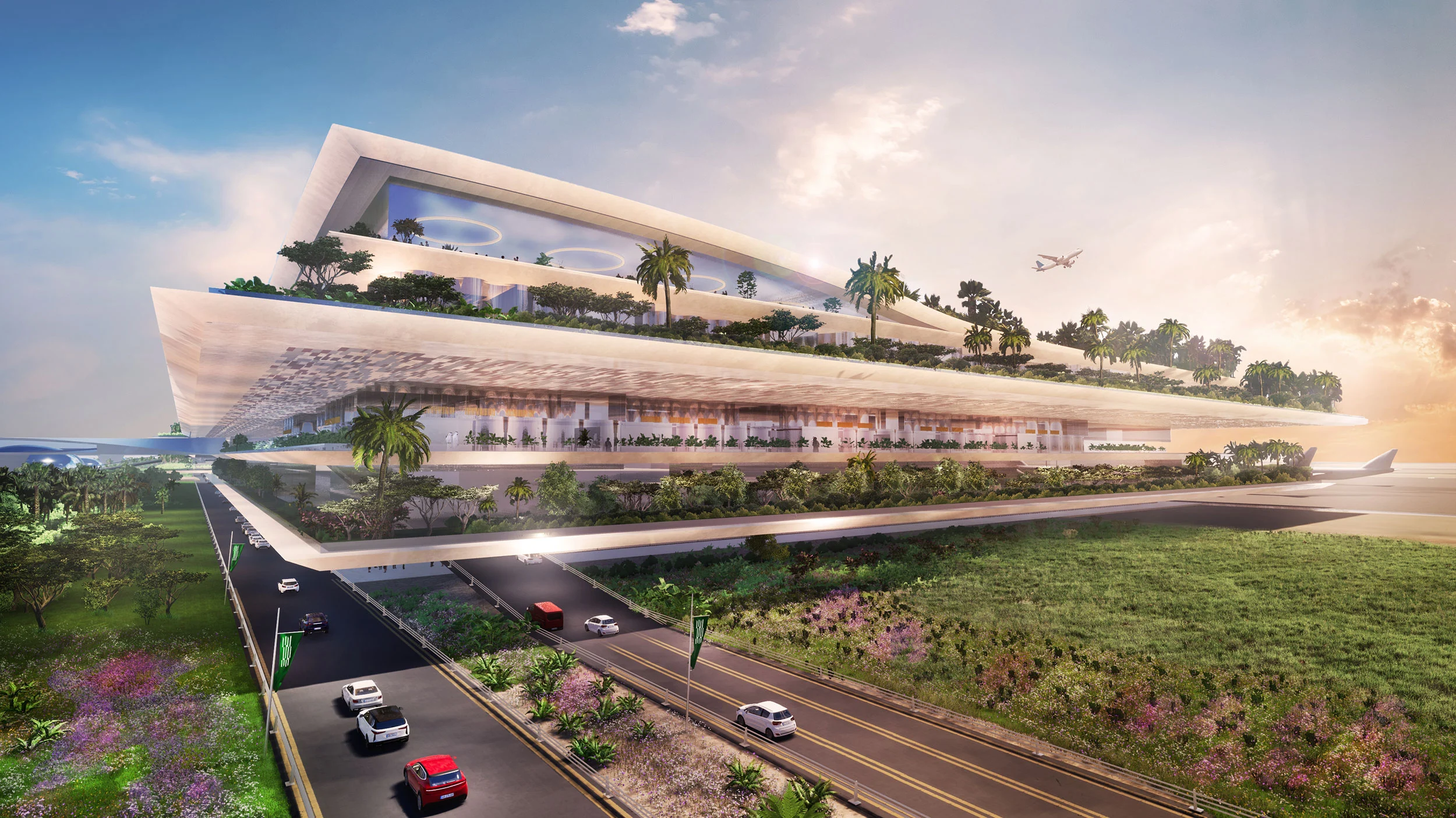 Render del terminal aeroportuale: piani sovrapposti a sbalzo piantumati con palme sopra un'autostrada paesaggistica – Hypergarden Airport, 2022 – architettura, proposta