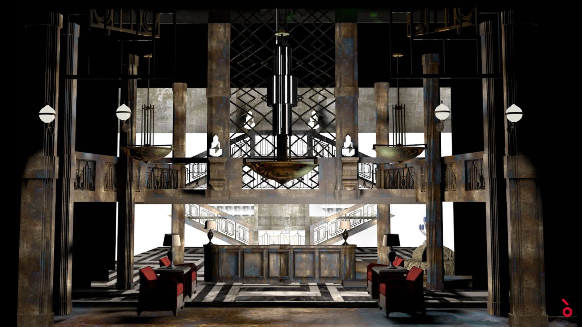 Render di una scenografia a hall d'albergo Art Déco con colonne in pietra, lampadari sospesi e poltrone rosse – The Opera! alla Royal Opera House Muscat, Oman, 2019 – scenografia