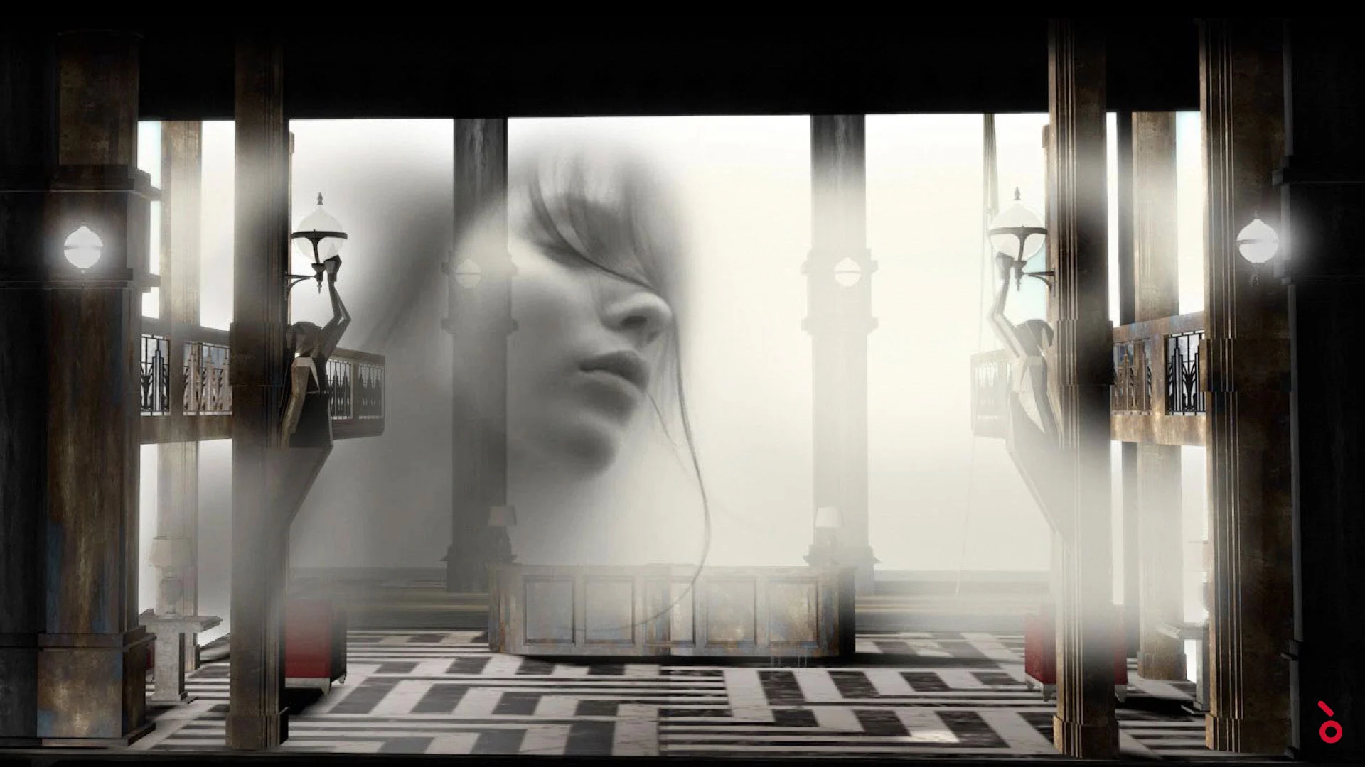 Render della scenografia della hall con un'enorme proiezione nebbiosa del volto di una donna tra colonne scure – The Opera! alla Royal Opera House Muscat, Oman, 2019 – scenografia