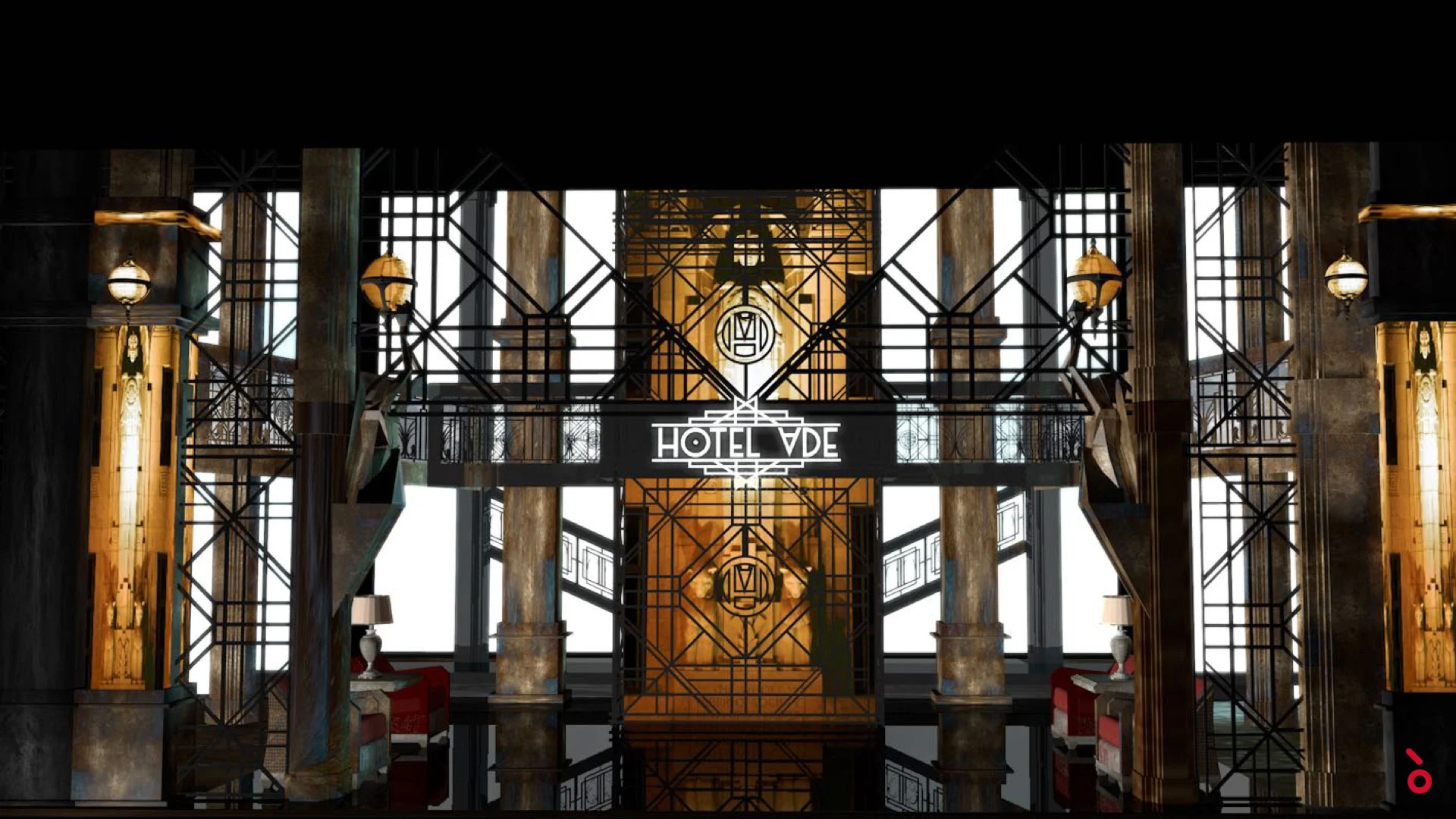 Render della scenografia della facciata dell'Hotel Ade: torre dorata, grate metalliche geometriche e applique luminose – The Opera! alla Royal Opera House Muscat, Oman, 2019 – scenografia