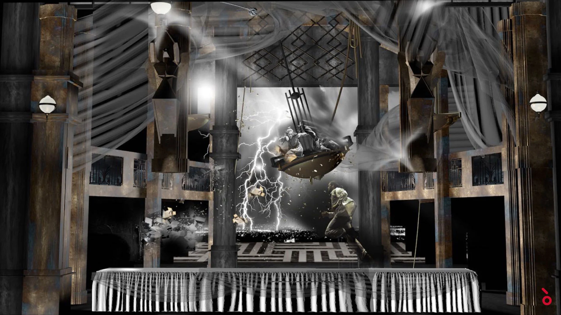 Render della scenografia della hall nella tempesta: fulmini, tende gonfiate dal vento e un lampadario volante con figure – The Opera! alla Royal Opera House Muscat, Oman, 2019 – scenografia