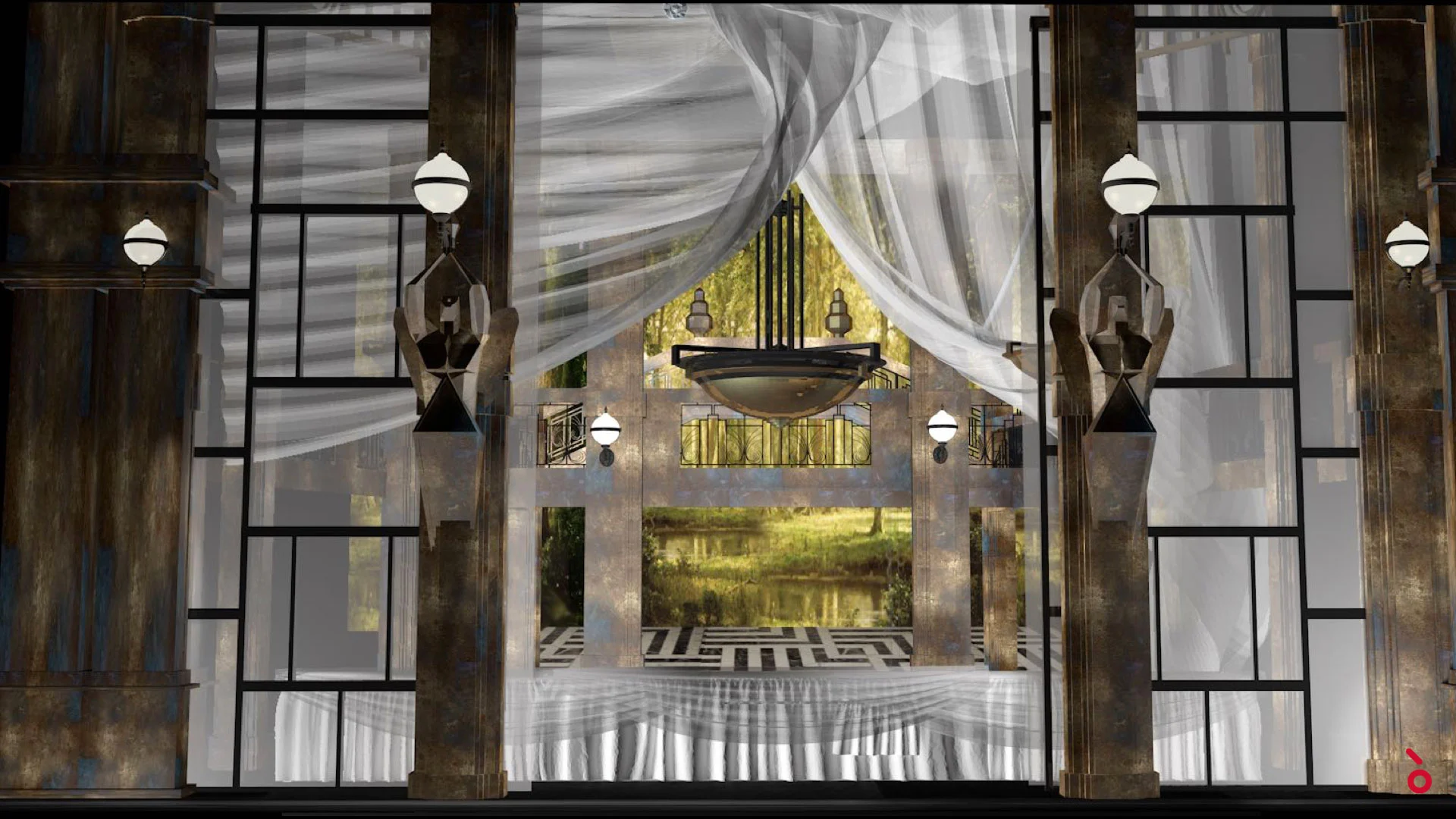 Render della scenografia con tende bianche velate aperte su un giardino e un lago tra colonne Art Déco – The Opera! alla Royal Opera House Muscat, Oman, 2019 – scenografia