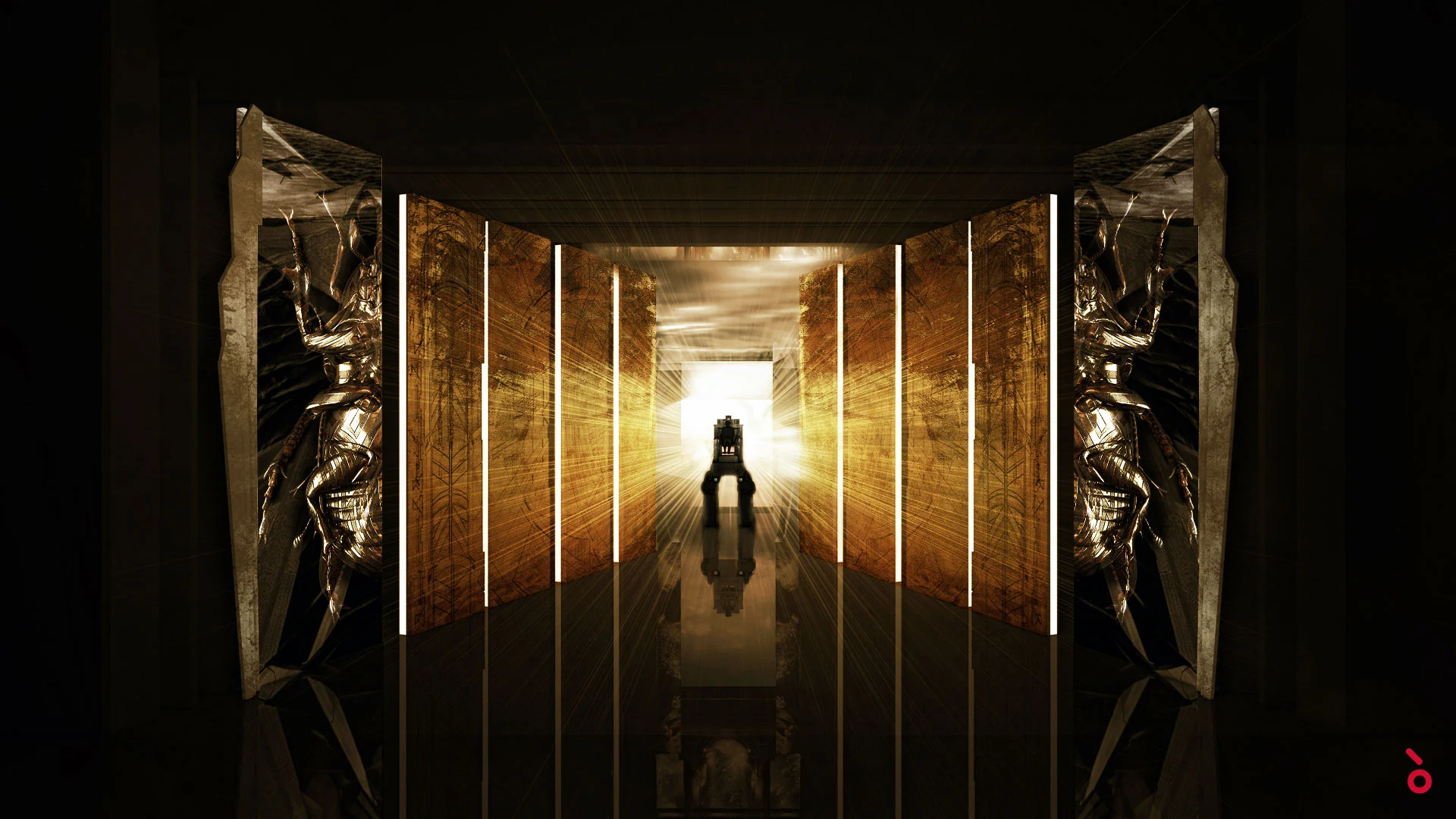 Render di un corridoio buio di pannelli dorati luminosi che conduce a una statua seduta in piena luce – Aida alla Sydney Opera House, Australia, 2018 – scenografia d'opera