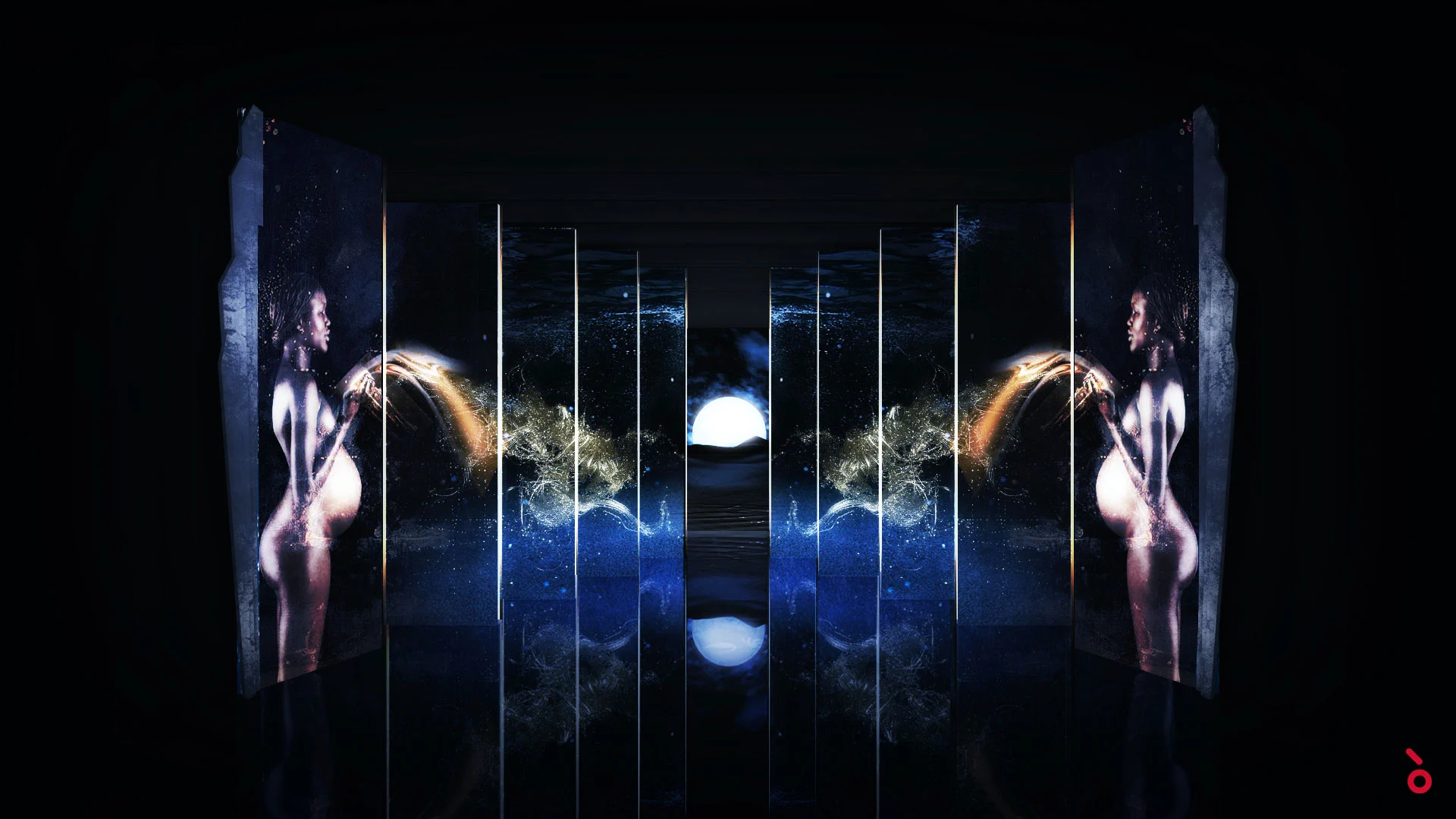 Render di pannelli a specchio con figure incinte che versano acqua dorata verso una luna piena – Aida alla Sydney Opera House, Australia, 2018 – scenografia d'opera