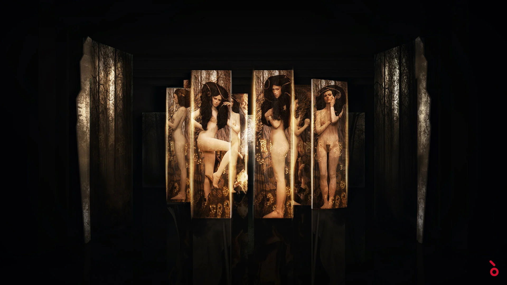 Render dei pannelli video della scenografia con figure femminili nude in un corridoio buio – Aida alla Sydney Opera House, Australia, 2018 – scenografia d'opera
