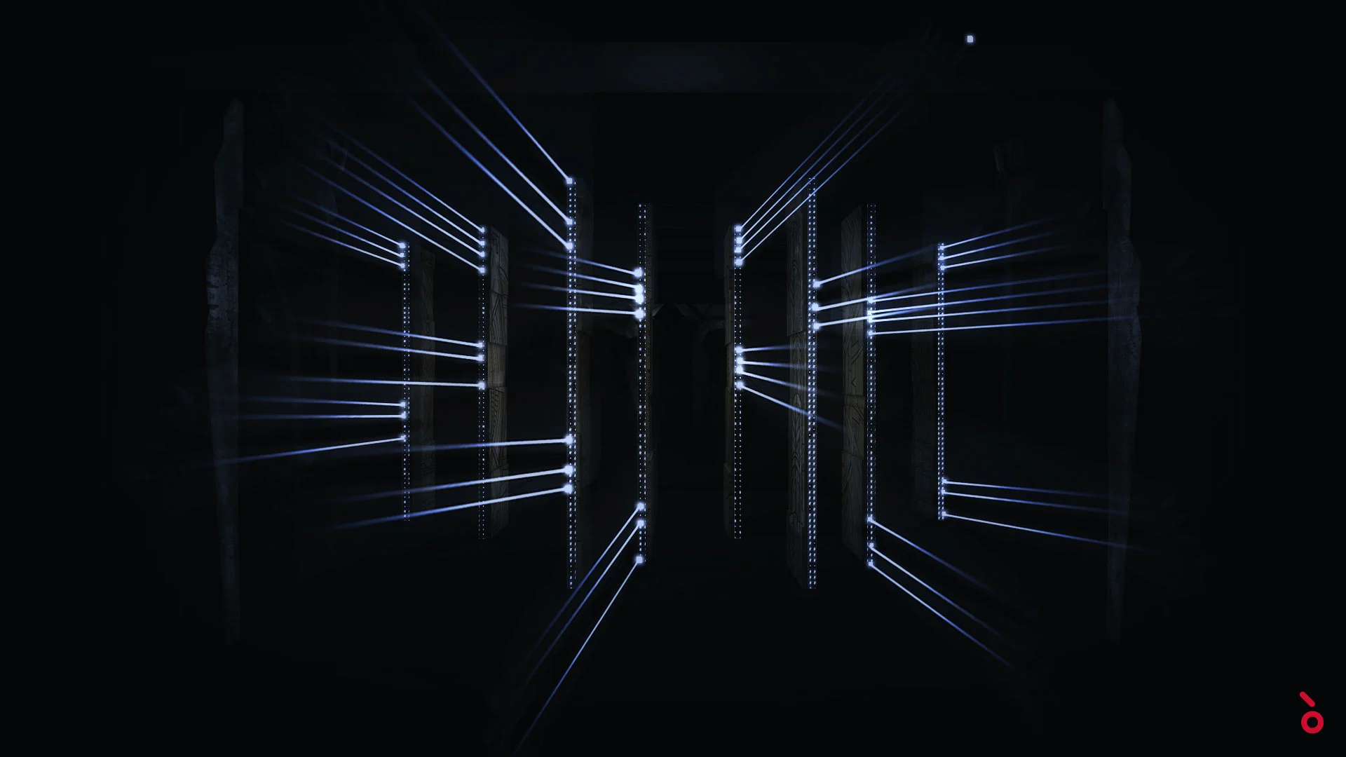 Sottili fasci di luce bianca che attraversano un palco buio tra file verticali di punti luce – Aida alla Sydney Opera House, Australia, 2018 – scenografia d'opera