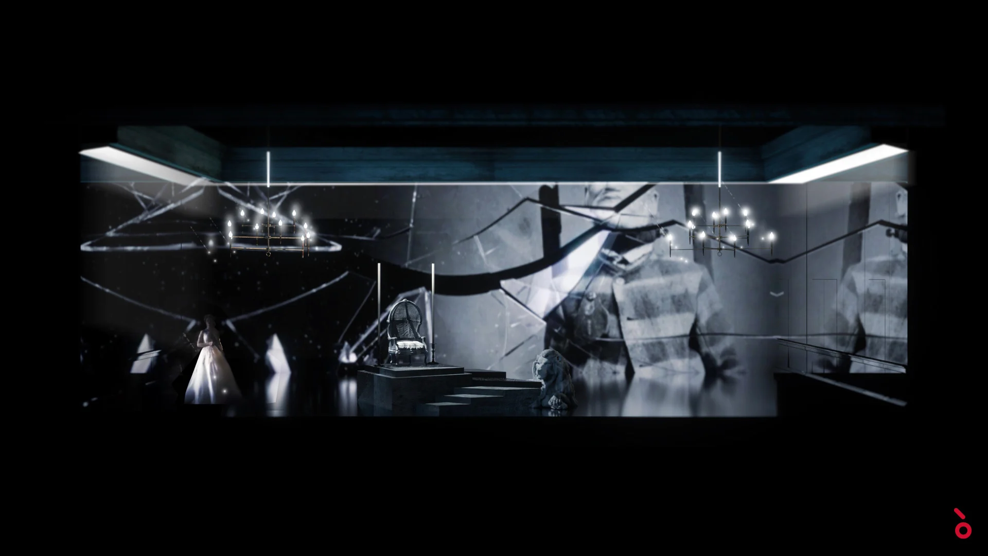 Render della scenografia del palazzo con proiezioni di vetri in frantumi, lampadari e una figura in bianco – Elisabetta, Regina d'Inghilterra al Rossini Opera Festival, Pesaro, Italia, 2021 – scenografia d'opera