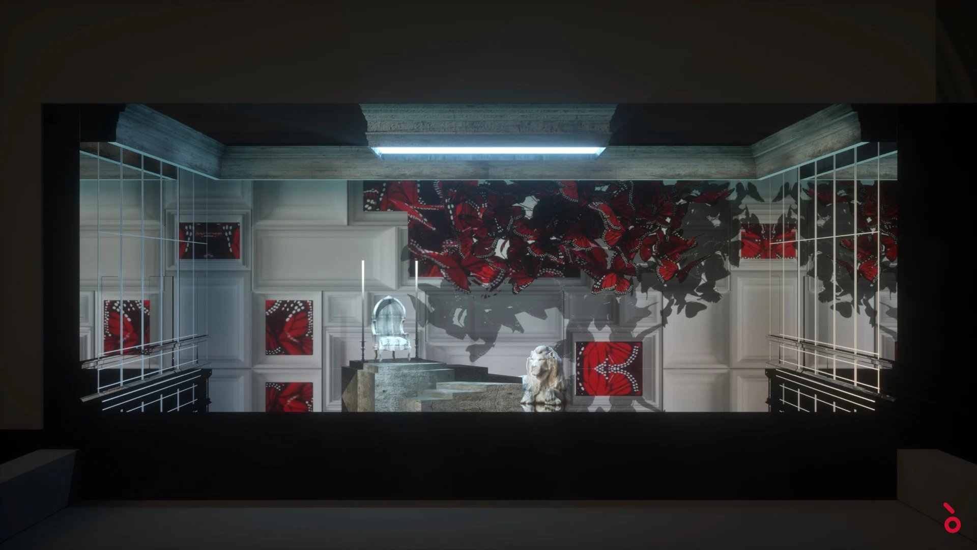 Render della scenografia del palazzo con pareti in vetro, proiezioni floreali rosse e un trono su gradini – Elisabetta, Regina d'Inghilterra al Rossini Opera Festival, Pesaro, Italia, 2021 – scenografia d'opera