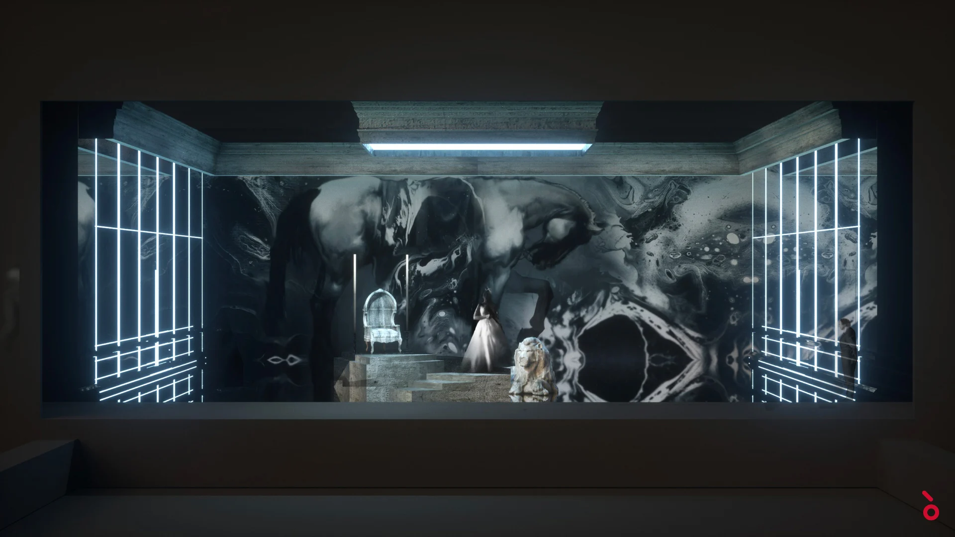 Render della scenografia del palazzo con proiezioni marmorizzate in bianco e nero e grate laterali illuminate – Elisabetta, Regina d'Inghilterra al Rossini Opera Festival, Pesaro, Italia, 2021 – scenografia d'opera