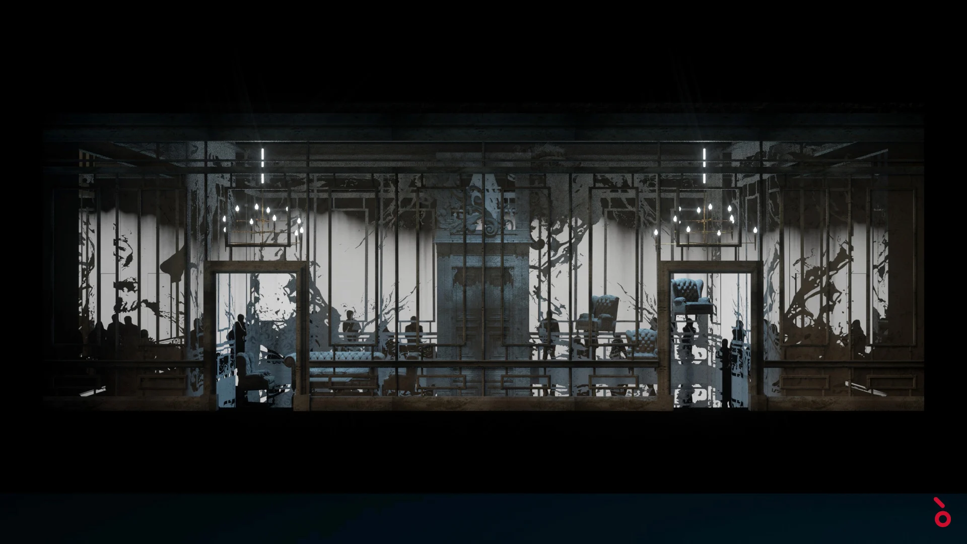 Render della scenografia del palazzo come interno di più stanze con lampadari e figure dietro il vetro – Elisabetta, Regina d'Inghilterra al Rossini Opera Festival, Pesaro, Italia, 2021 – scenografia d'opera