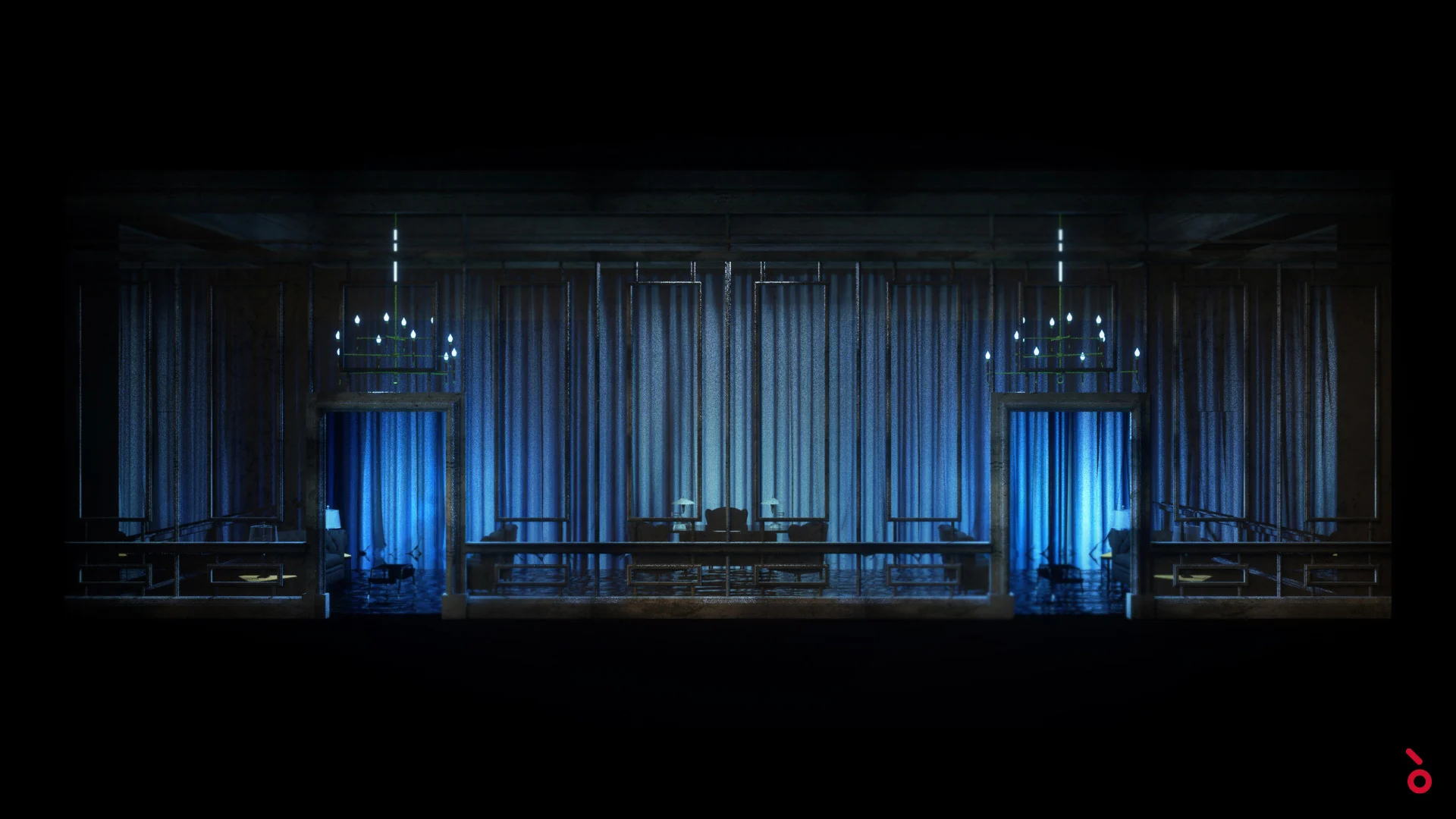 Render della scenografia del palazzo in luce blu, con tende, lampadari e una scrivania al centro – Elisabetta, Regina d'Inghilterra al Rossini Opera Festival, Pesaro, Italia, 2021 – scenografia d'opera