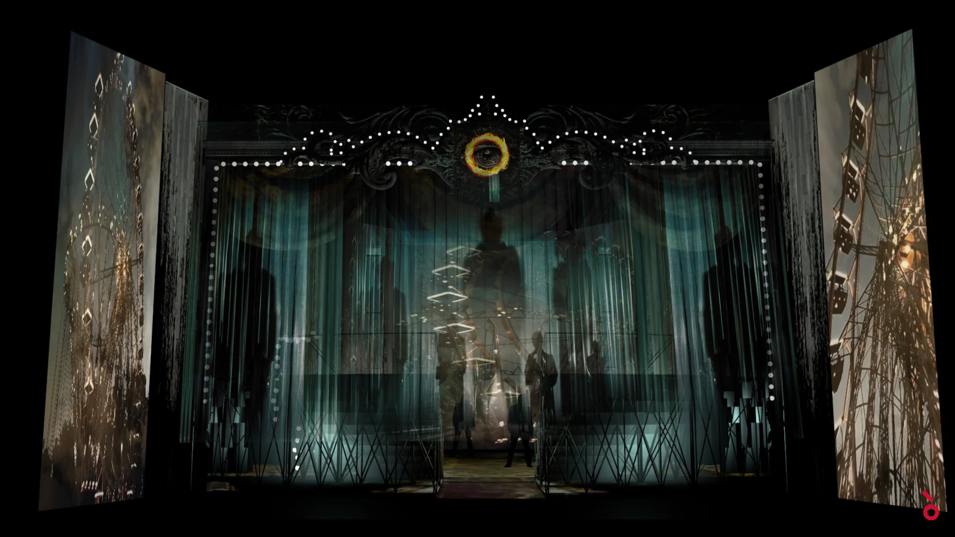 Render di una scena buia con sagome dietro tende traslucide verde acqua, una cornice decorata illuminata e pannelli con ruota panoramica – Il Trovatore alla Sydney Opera House, Australia, 2022 – scenografia d'opera