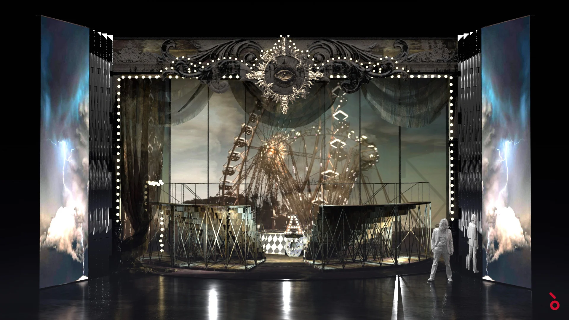 Render di una scena con ruota panoramica dietro piattaforme metalliche, tra drappi illuminati e fulmini sugli schermi laterali – Il Trovatore alla Sydney Opera House, Australia, 2022 – scenografia d'opera