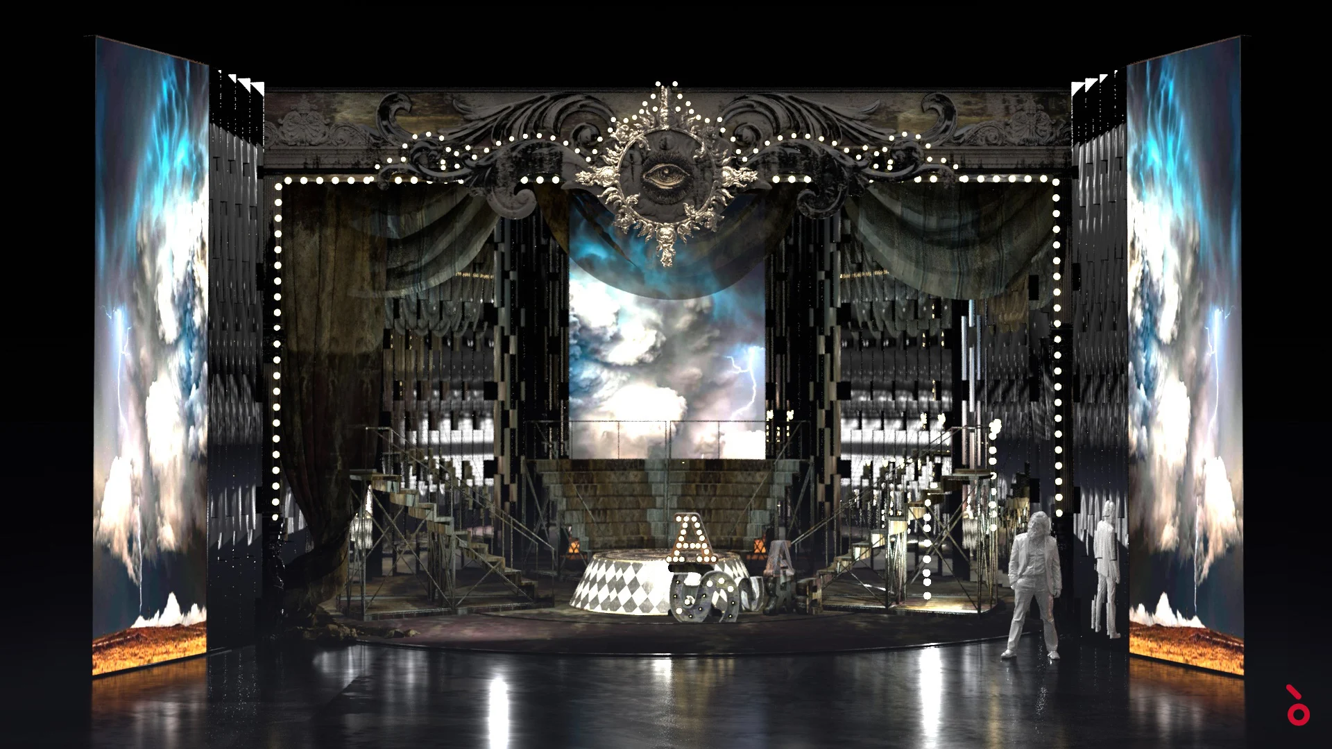 Render della scenografia circense con un video di cielo in tempesta, scale laterali e un podio a scacchi tra luci a lampadine – Il Trovatore alla Sydney Opera House, Australia, 2022 – scenografia d'opera