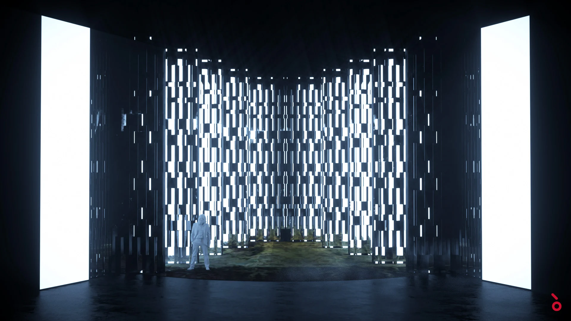 Render di un palco buio racchiuso da strisce di luce bianca tremolante, una figura sola al centro – Il Trovatore alla Sydney Opera House, Australia, 2022 – scenografia d'opera