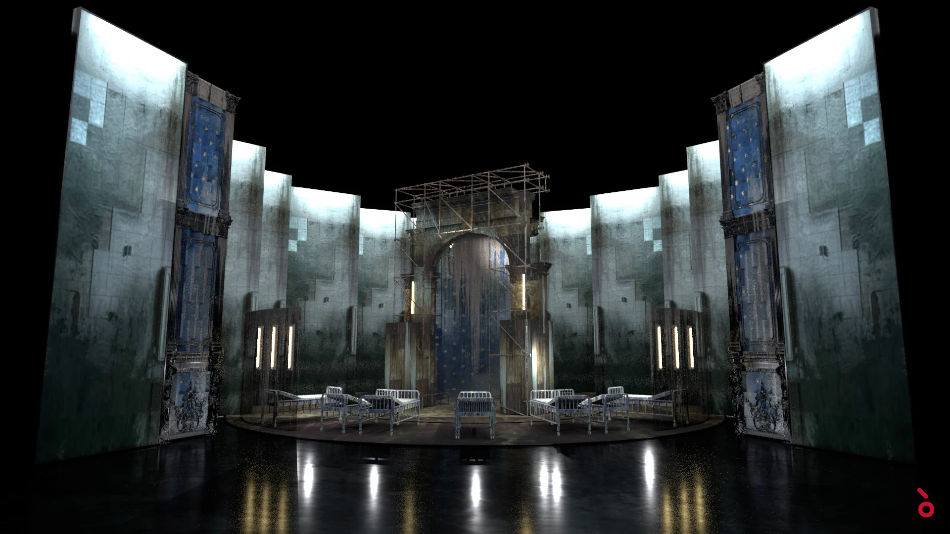 Render della scenografia: parete curva di schermi con muri in rovina attorno a un arco con ponteggi, letti d'ospedale sul palco – Il Trovatore alla Sydney Opera House, Australia, 2022 – scenografia d'opera
