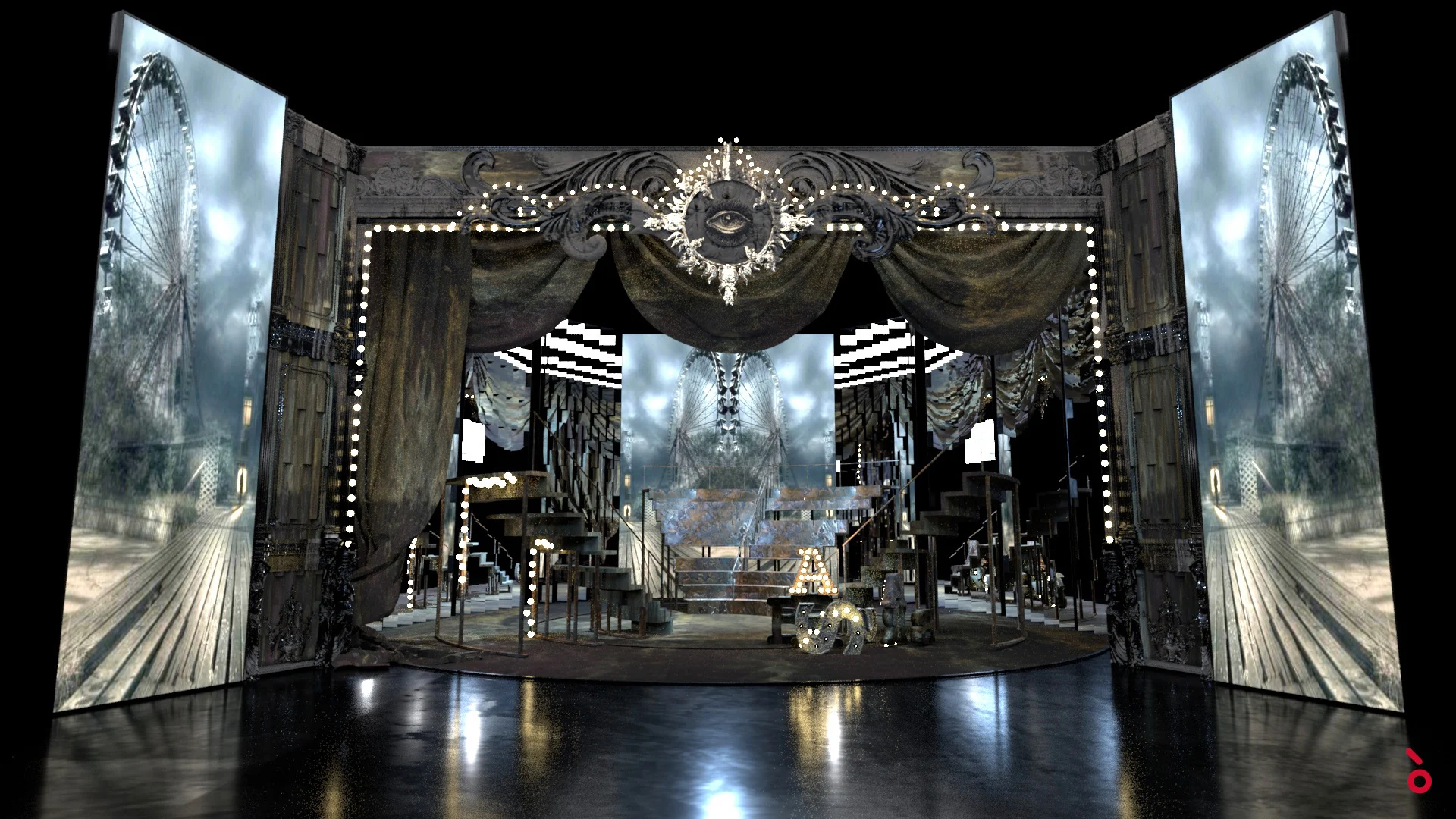 Render della scenografia circense: boccascena decorato tra luci a lampadine e drappi, immagini di una ruota panoramica sui pannelli laterali – Il Trovatore alla Sydney Opera House, Australia, 2022 – scenografia d'opera