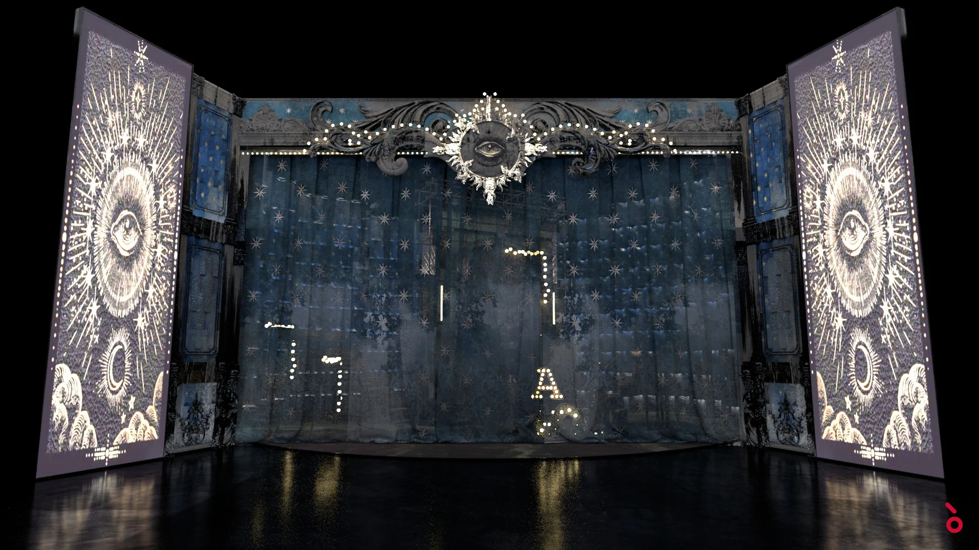Render della scenografia con un sipario stellato, l'emblema di un occhio luminoso in alto e disegni di tarocchi sui pannelli laterali – Il Trovatore alla Sydney Opera House, Australia, 2022 – scenografia d'opera