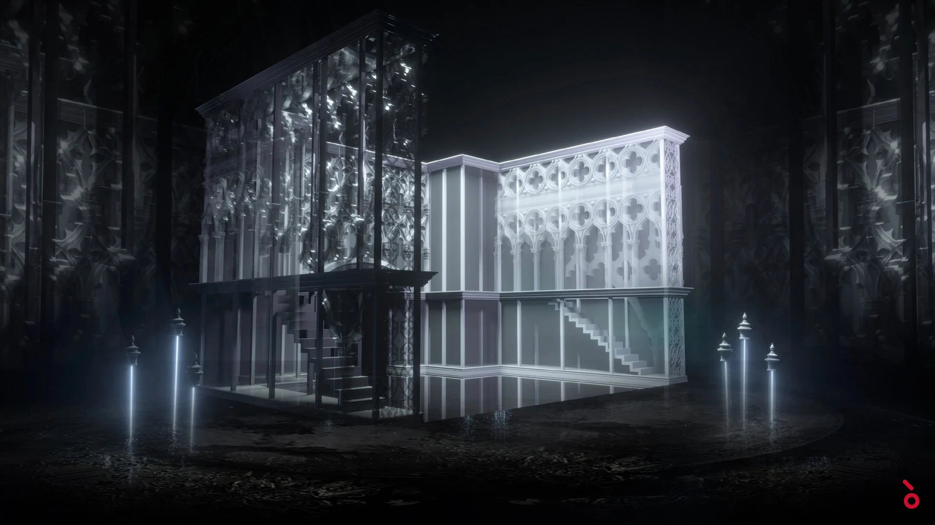 Render di un edificio gotico in vetro luminoso con scalinate, circondato da pali luminosi nel buio – La Gioconda al Teatro alla Scala, Milano, Italia, 2022 – scenografia d'opera